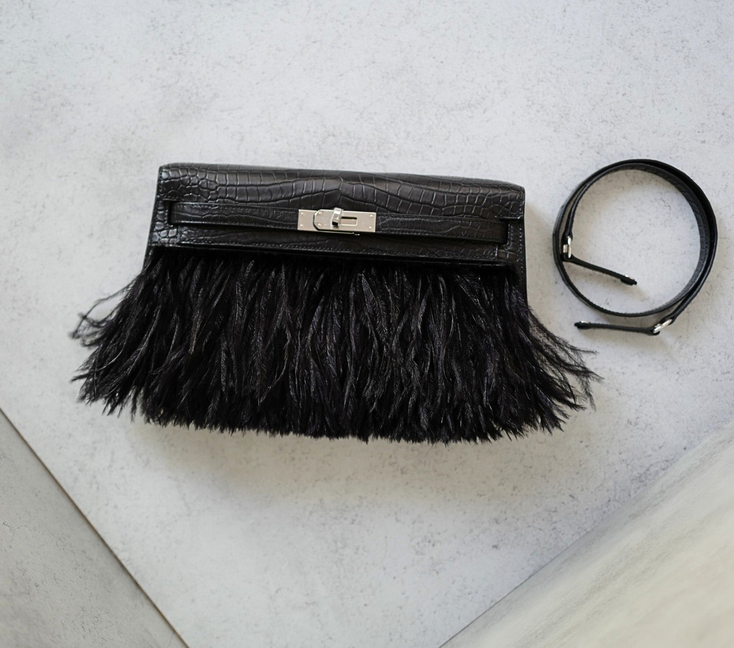 BNIB Hermès Kelly Elan Folie Noir Matte Porosus Crocodile Ostrich Feather PHW