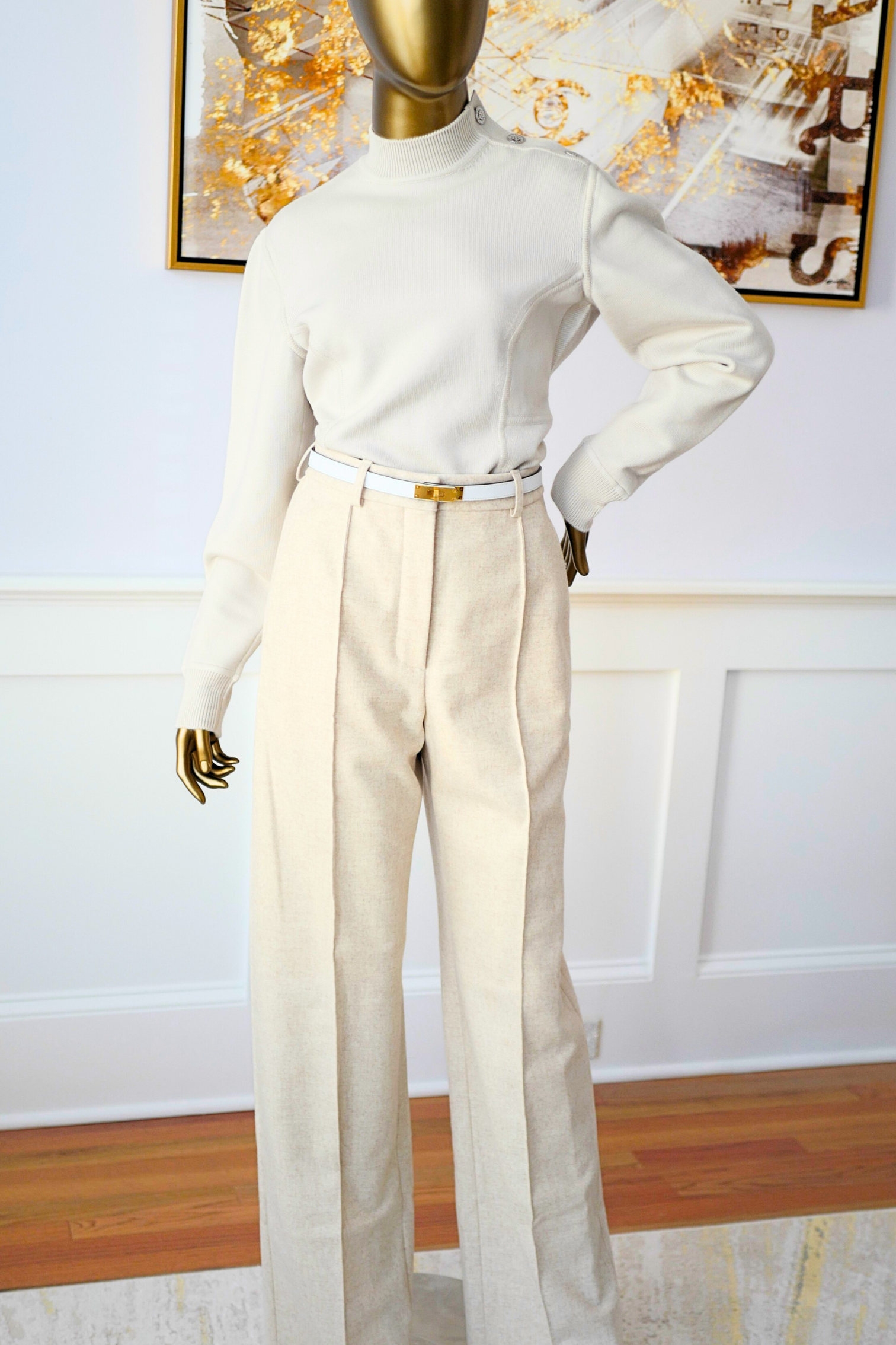 Hermès Sweater with Ferronnerie Button Details Jewel Knit Mock Neck Size 36 Beige Sable