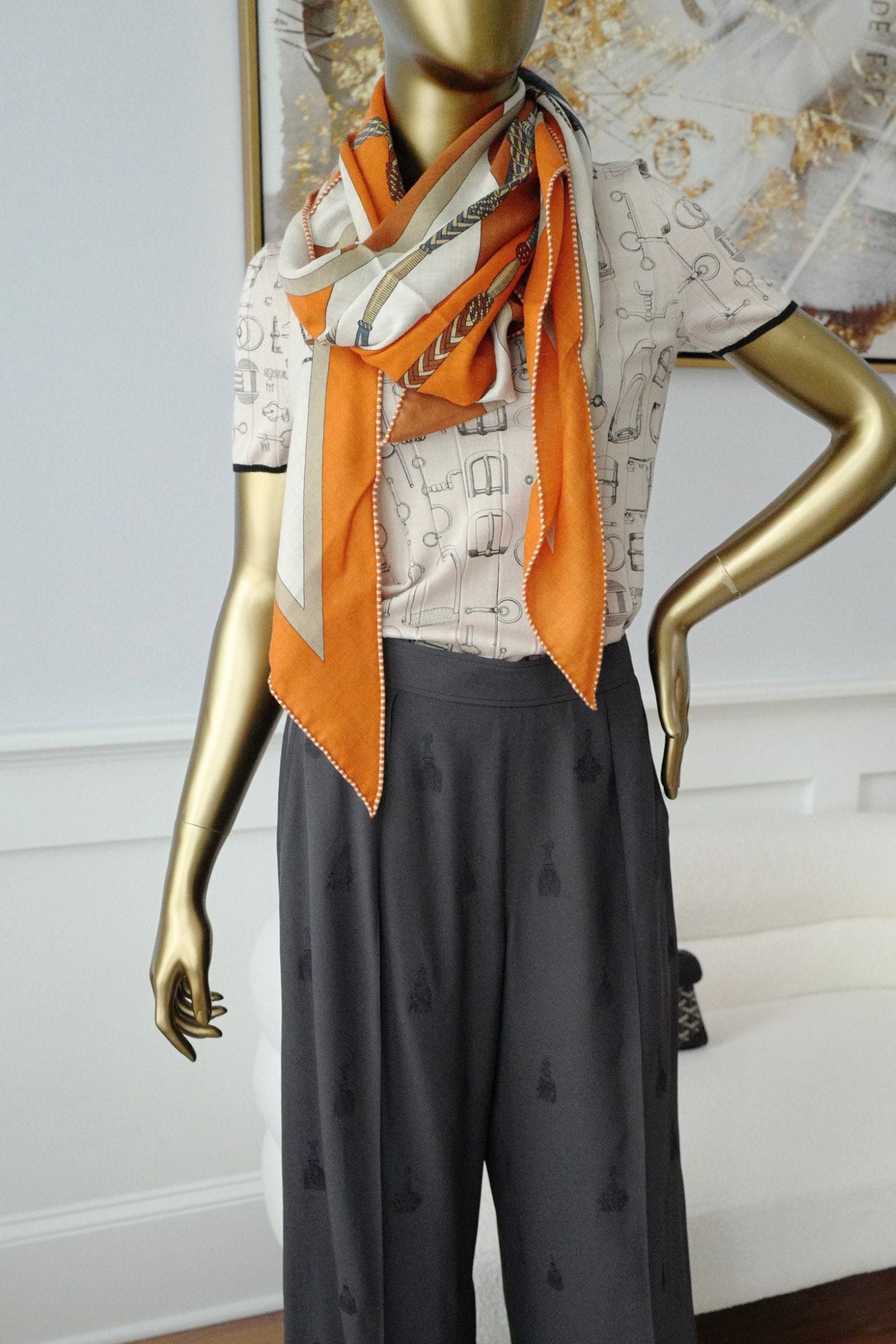 Hermès Clic-Clac Triangle Scarf Orange Cuit /Naturel/Caramel Cashmere Silk