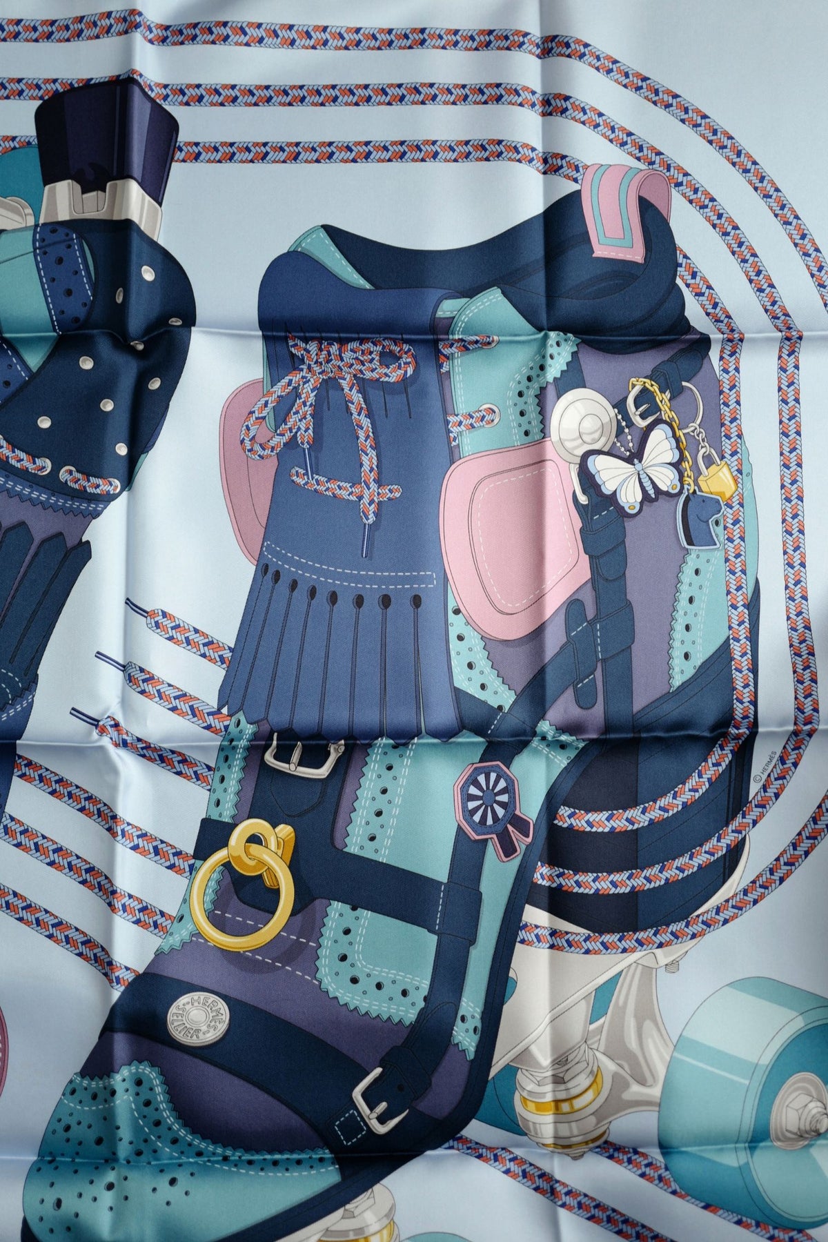 Hermes Derby 2000 Scarf 90 Bleu Ciel / Marine / Vieux Rose 100% Silk