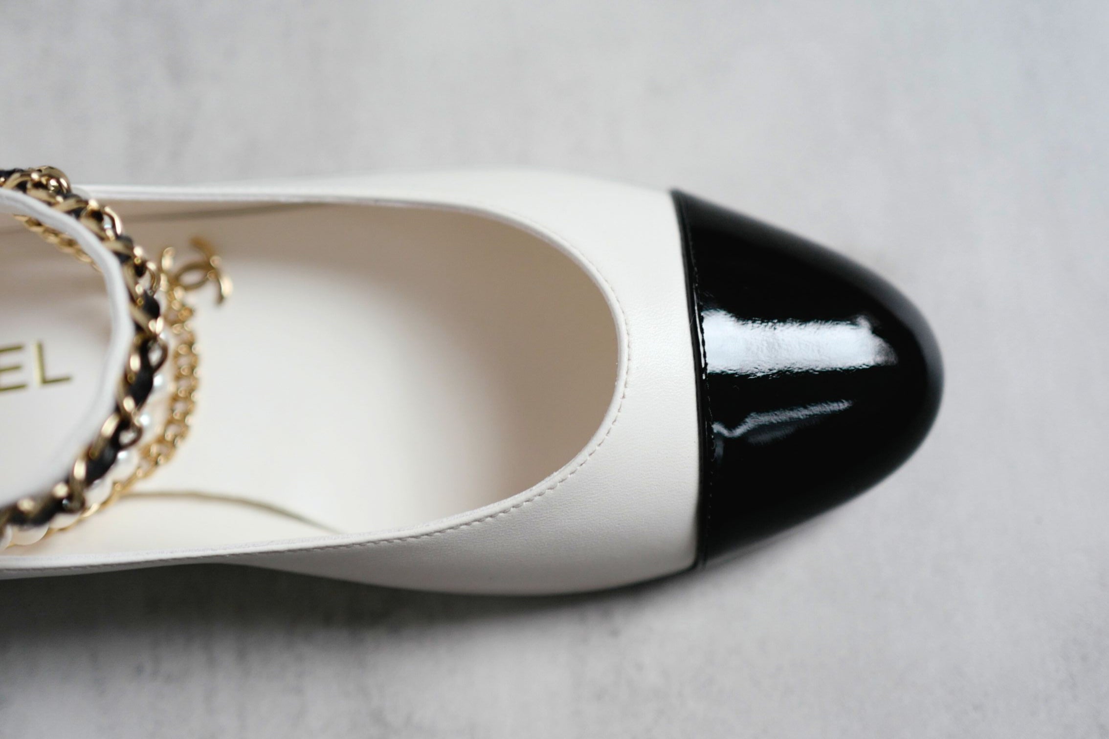 CHANEL Mary Jane Black/White Lambskin Patent Leather Pearl Detail Size 39