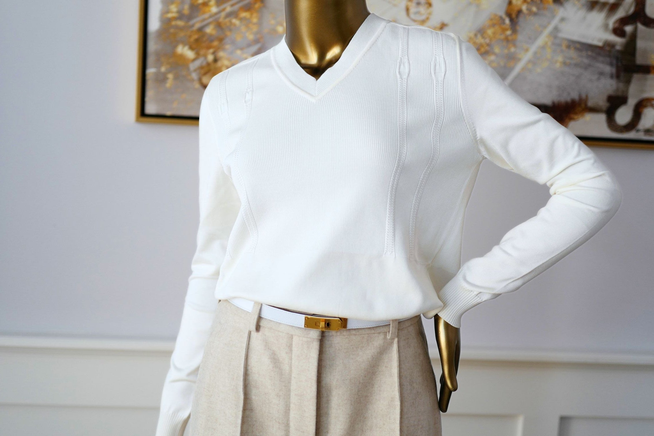 Hermès Long-Sleeve Textured Silk Cotton V-Neck Sweater Blanc Naturel Size 36