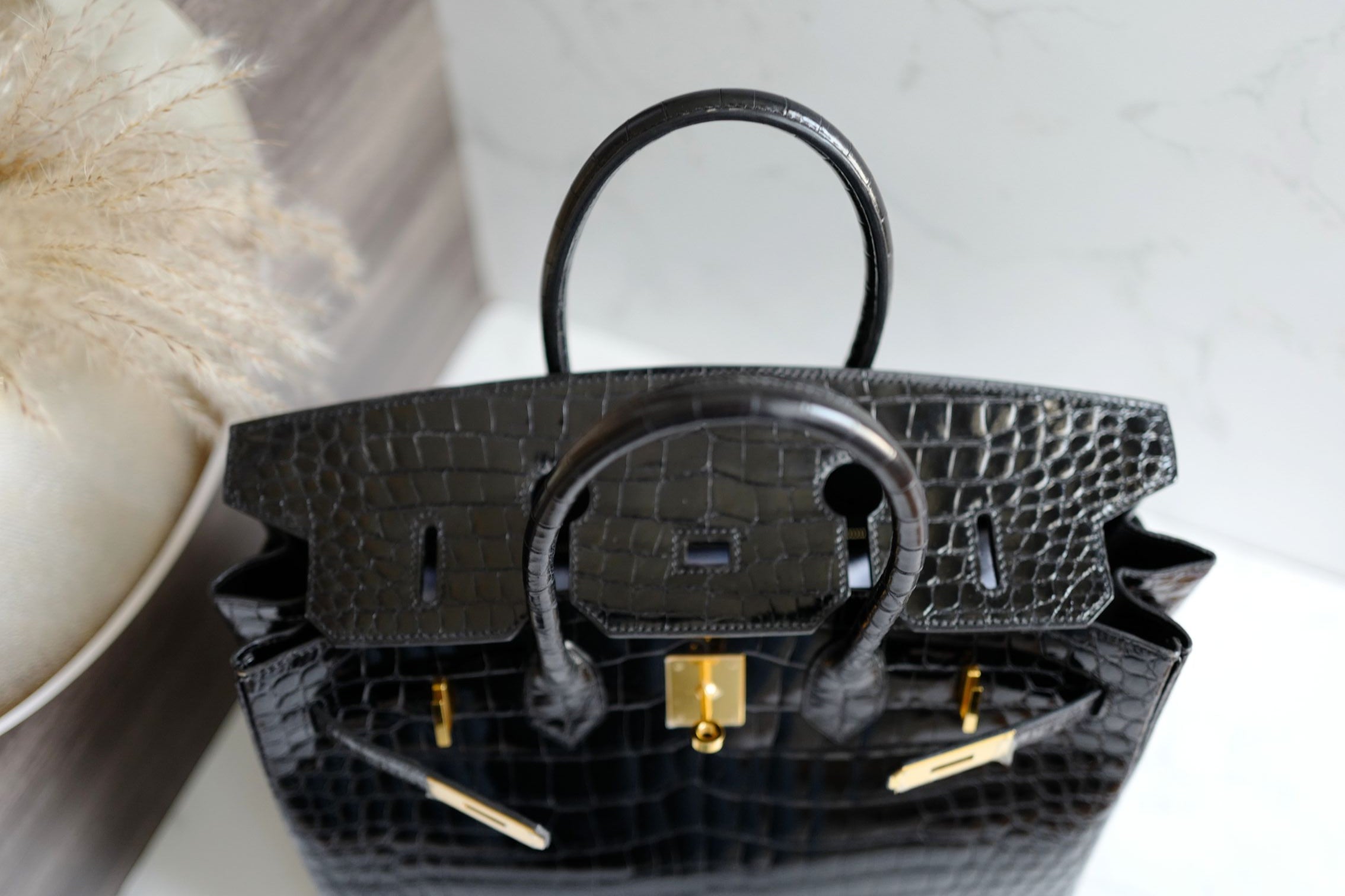 Hermès Birkin 35 Black Shiny Porosus Crocodile Gold HW #D Preowned Condition