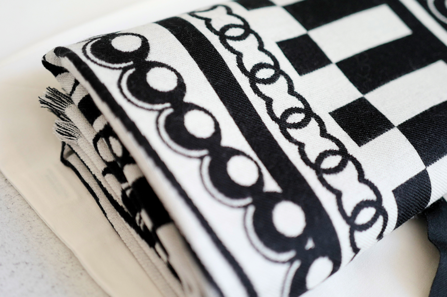 CHANEL 26C Black White Checkered Double CC Scarf Shawl