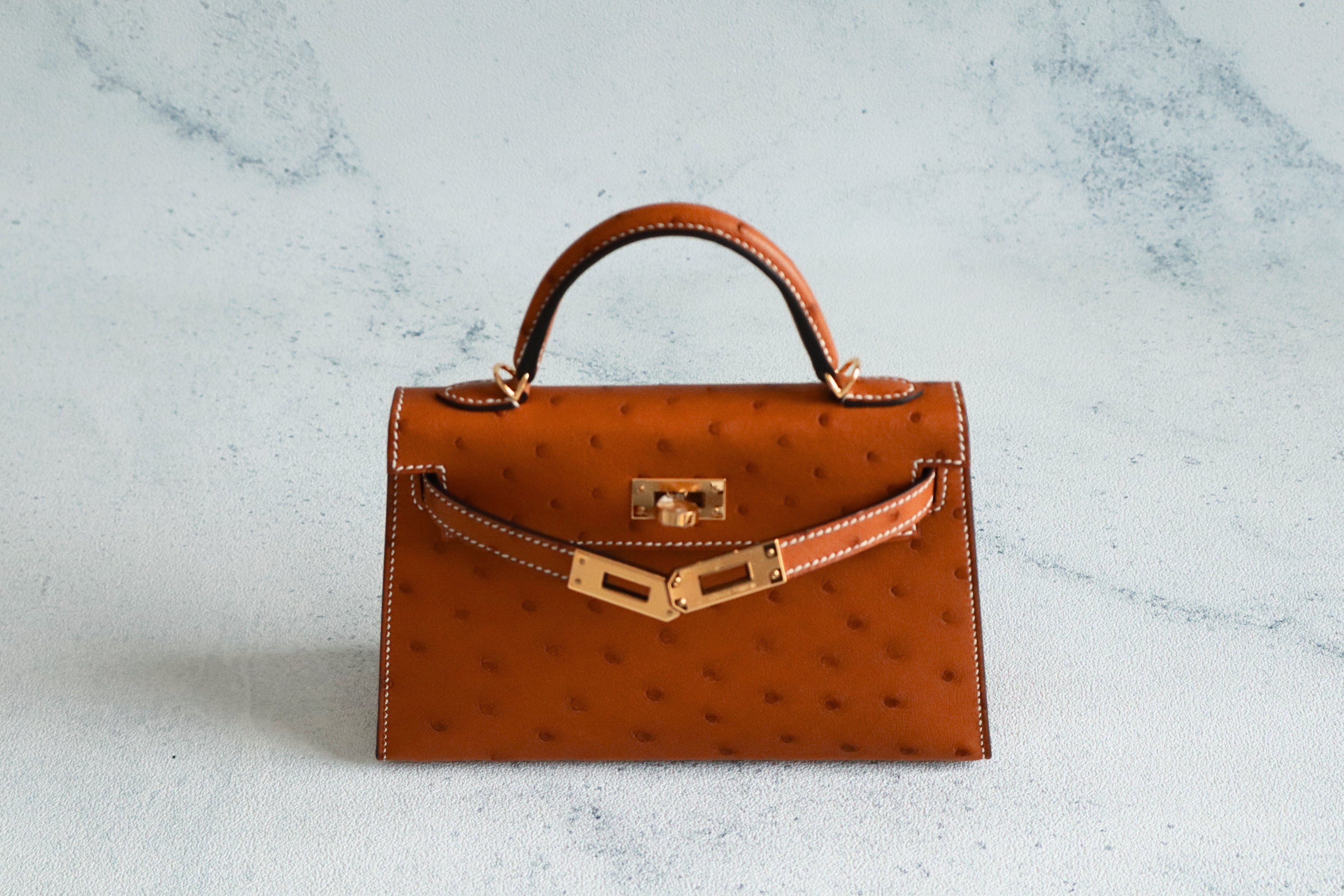 BNIB Hermes Mini Kelly HSS Cognac Ostrich with Craie Stitching GHW G Stamp 2026