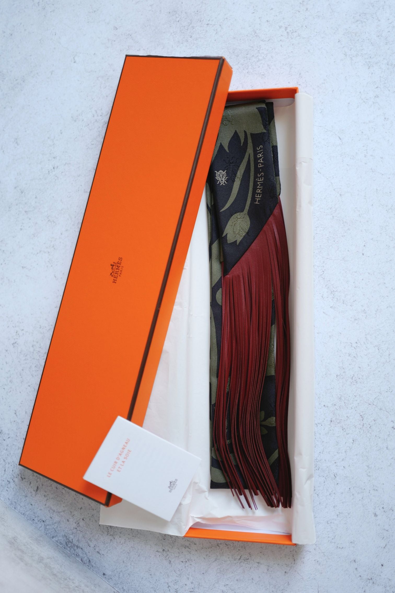 Hermès Twilly Bouquet Final Silk Noir/Vert Loden/Rouge H with Leather Fringe