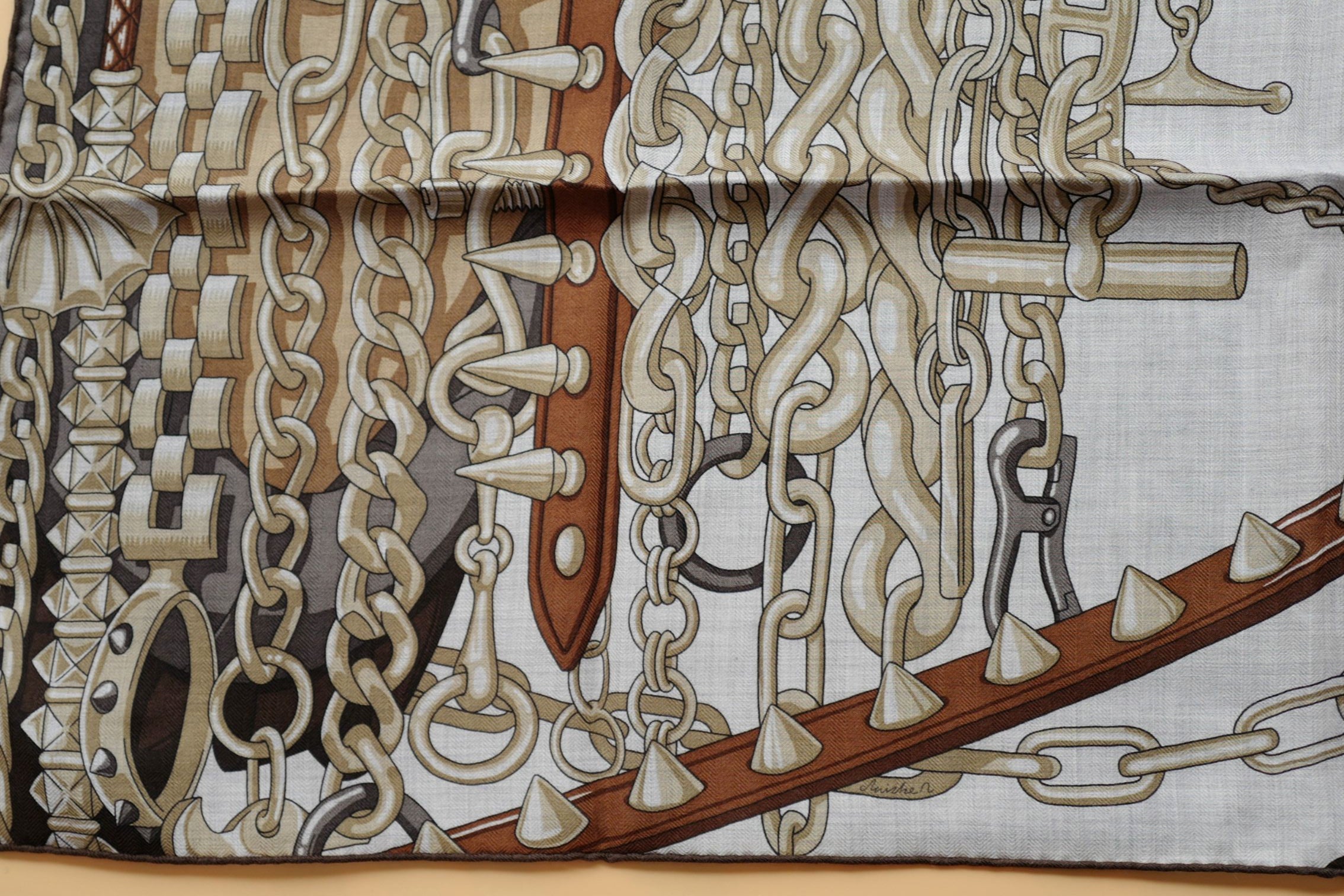 NEW Hermès Cheval Heavy Metal Scarf 100 Cashmere Silk Gris Clair / Kraft / Caramel