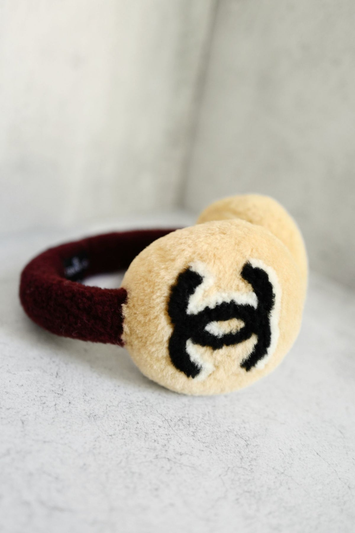 NEW Chanel 26N Coco Neige Earmuffs CC Logo Lamb Shearling in Beige and Burgundy