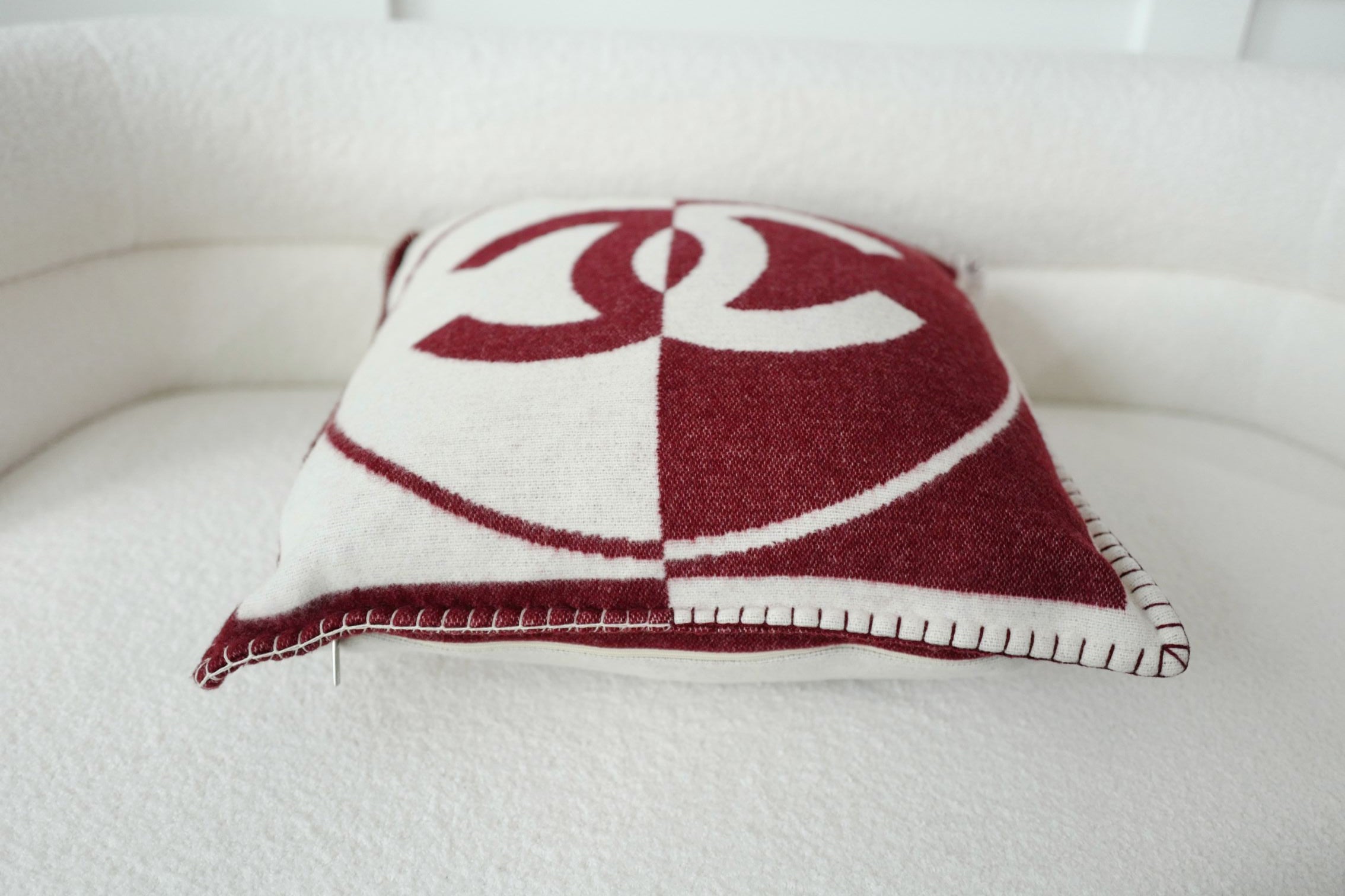 NEW Chanel CC Logo Pillow Burgundy White Wool Cashmere