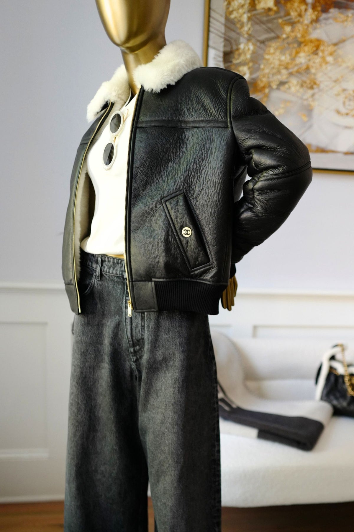 Chanel 26B Blouson Jacket Black White Shearling Lambskin Size 36
