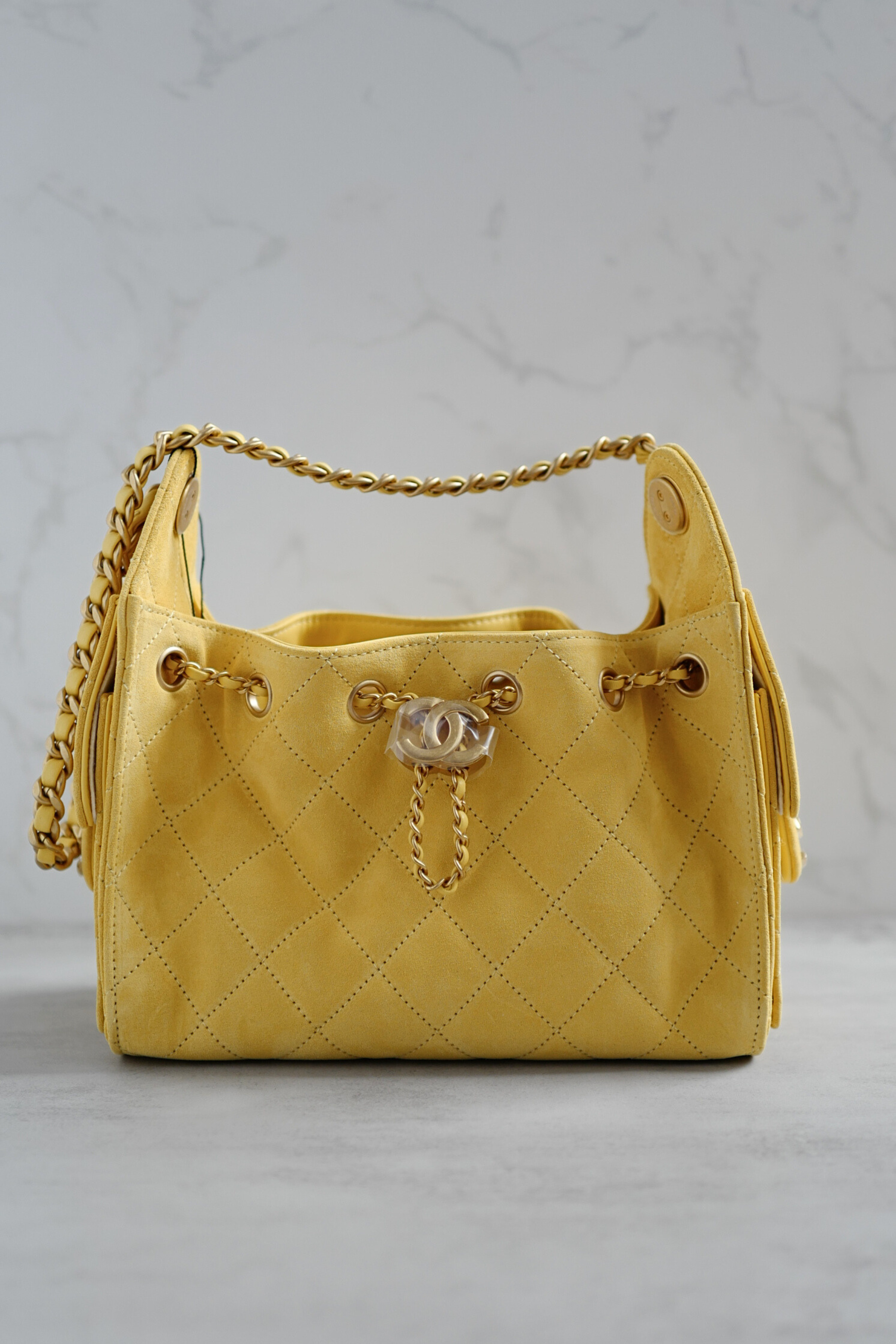 NEW Chanel 26C Mini Hobo Shoulder Bag in Yellow Suede with Gold Hardware
