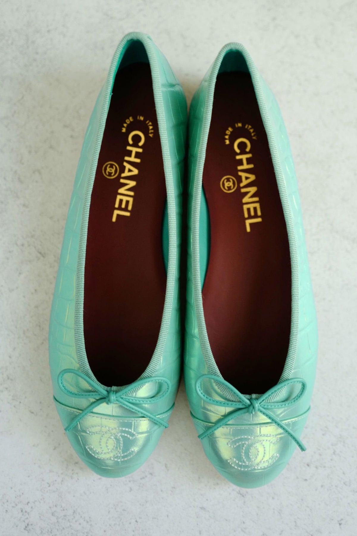 NEW Chanel 26K Ballet Flats Crocodile Embossed Calfskin Turquoise Blue Size 37C