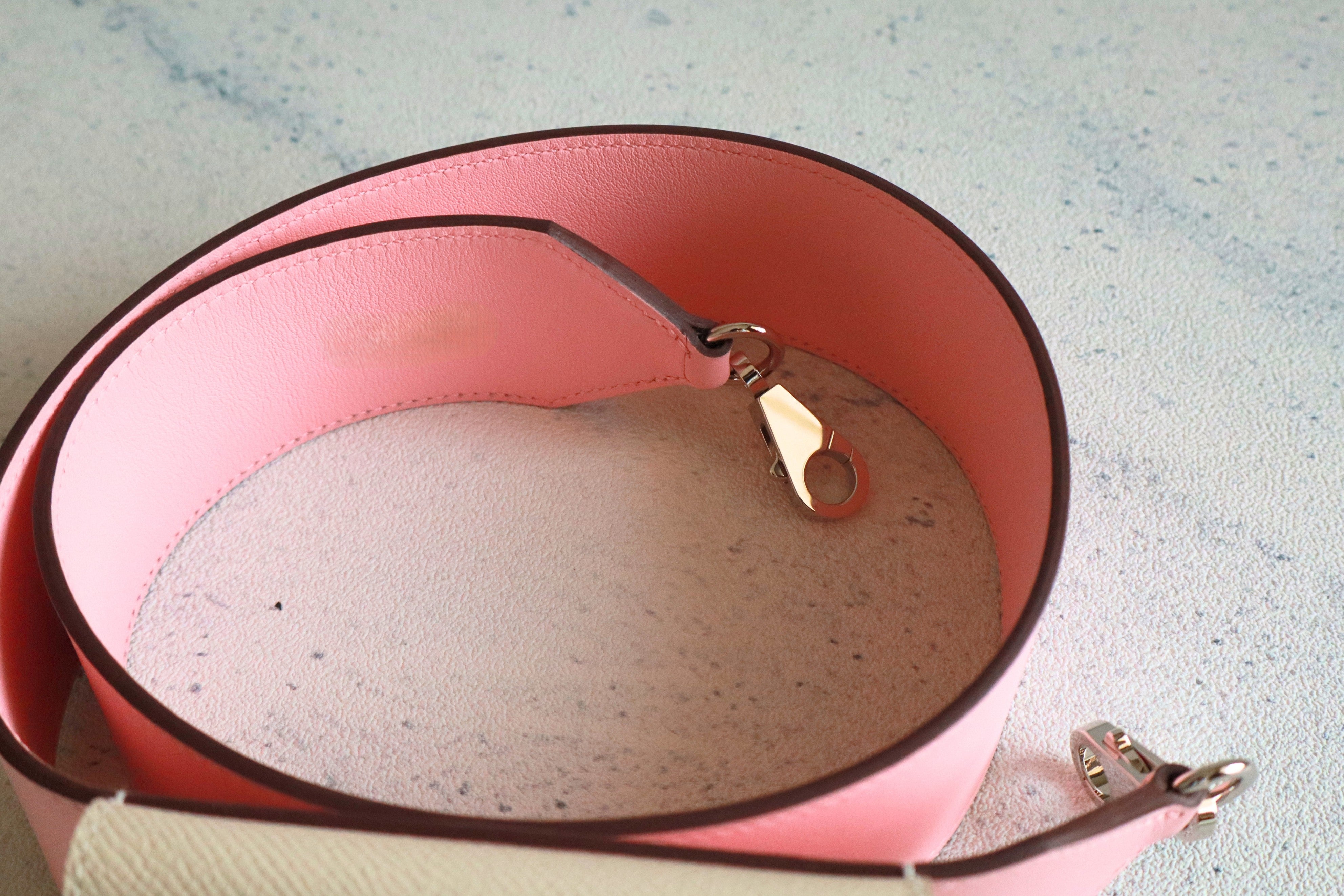 NEW Hermes Kelly Pocket Bag Strap Rose Sakura/Craie Swift Epsom Calfskin 85 cm