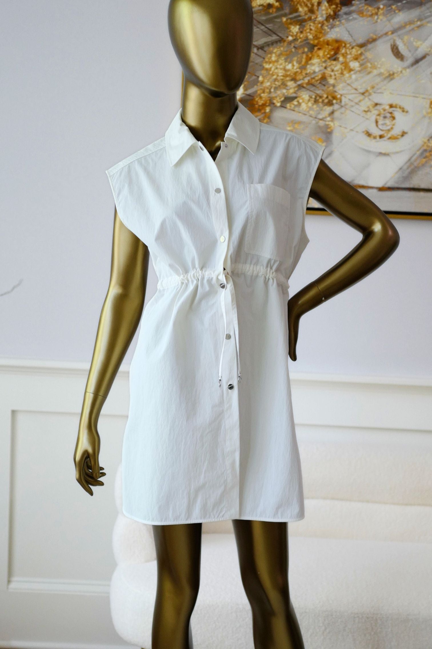 Hermès Chemise Coulissée Sans Manches Blanc Cassé Technical Cotton Size 36
