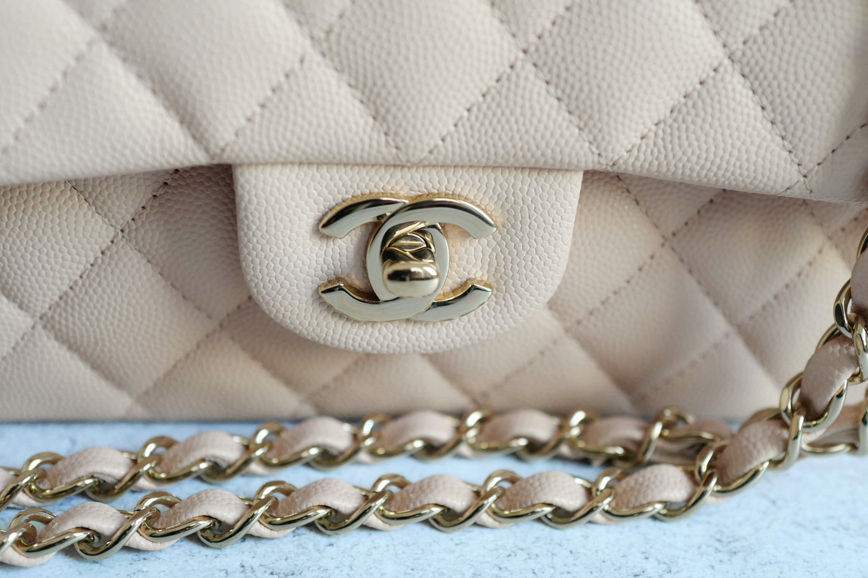 BNIB Chanel Medium Classic Double Flap Bag Beige Clair Grained  Gold Hardware