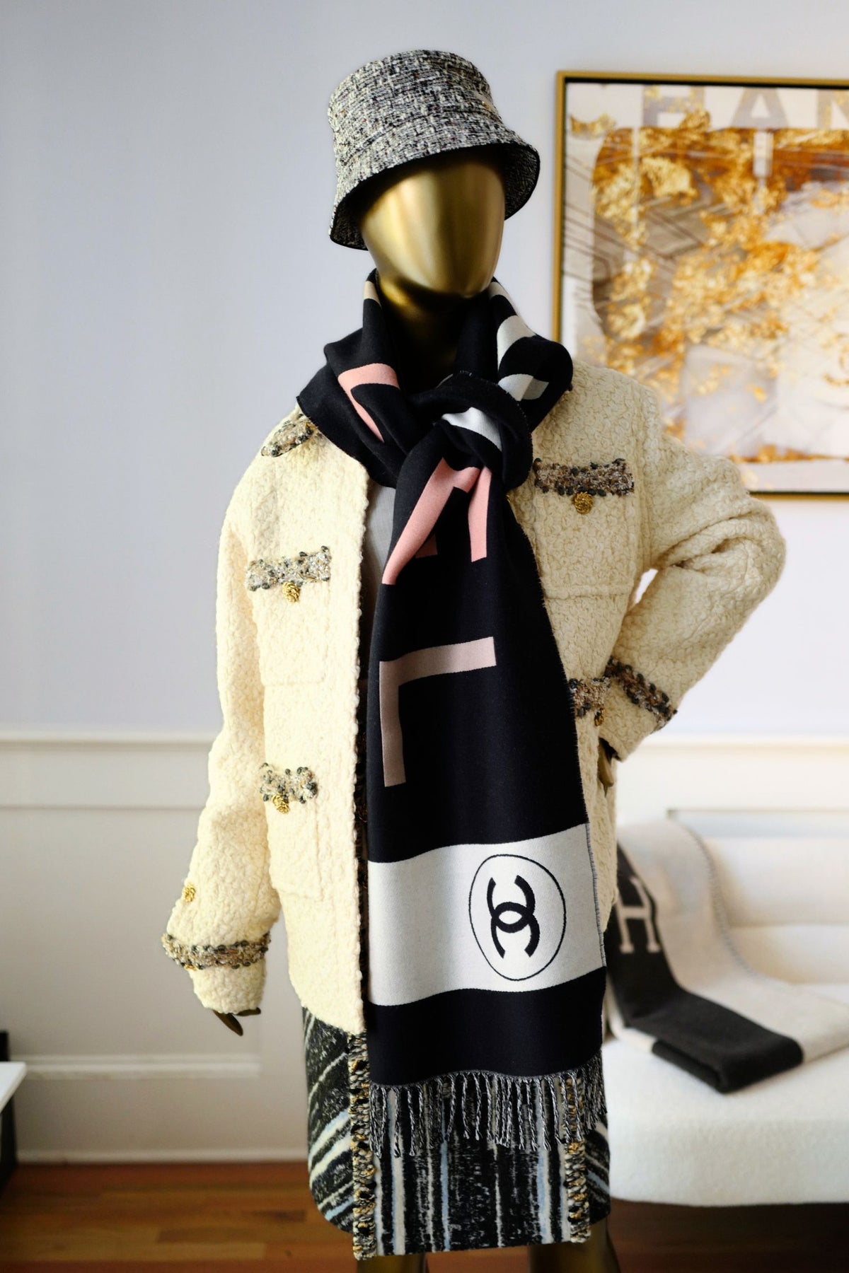 NEW Chanel 26K Oversized Jacket Wool String with Silk Lining Beige Size 36