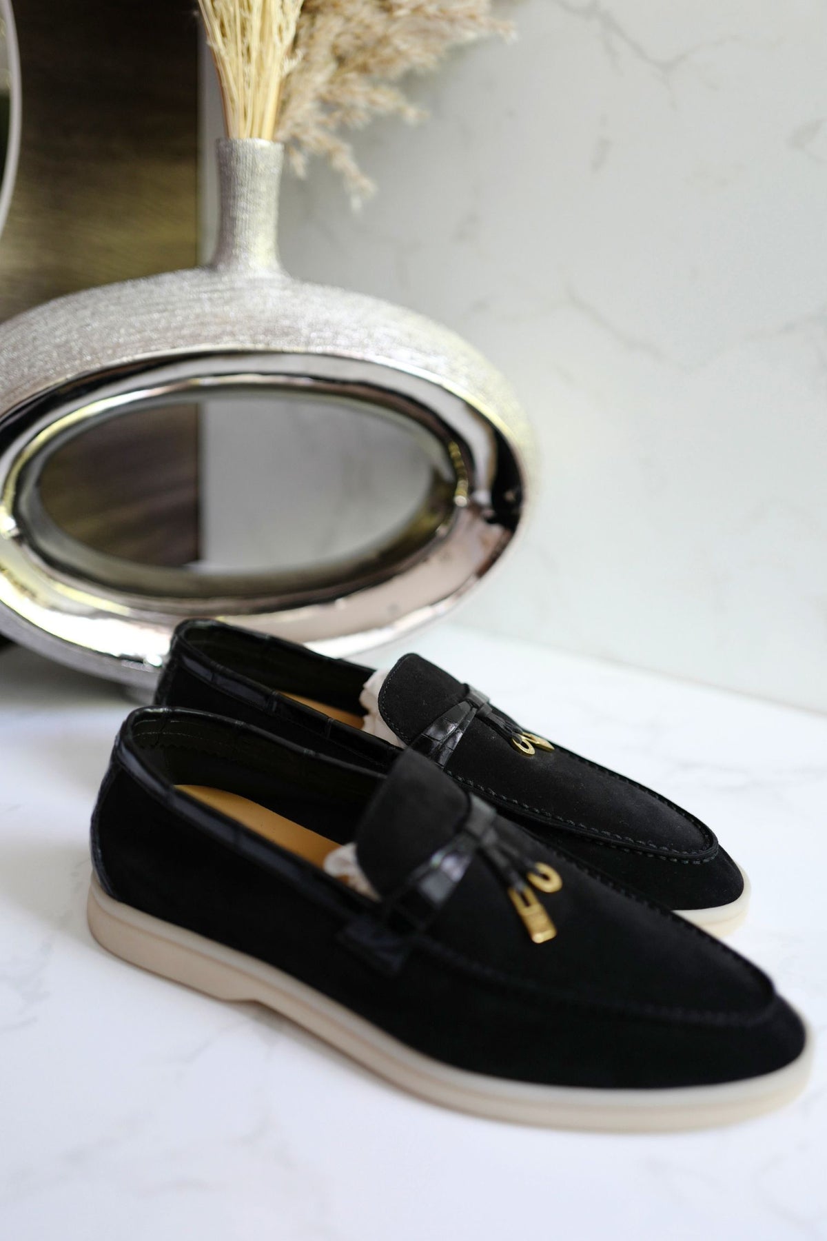 BNIB Loro Piana Summer Charms Walk Loafers In Black Suede Alligator strap Size 37