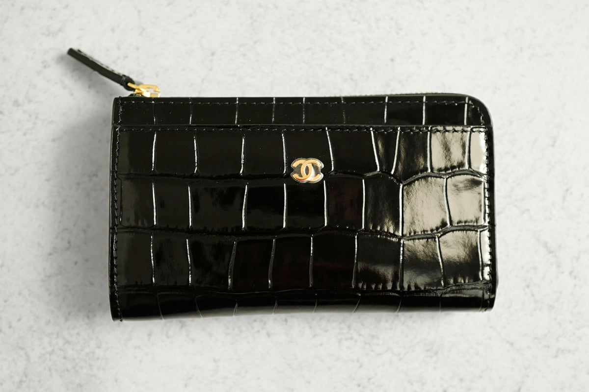 Chanel 26K Matthieu Blazy's Card Holder Croc Embossed Black Calfskin GHW
