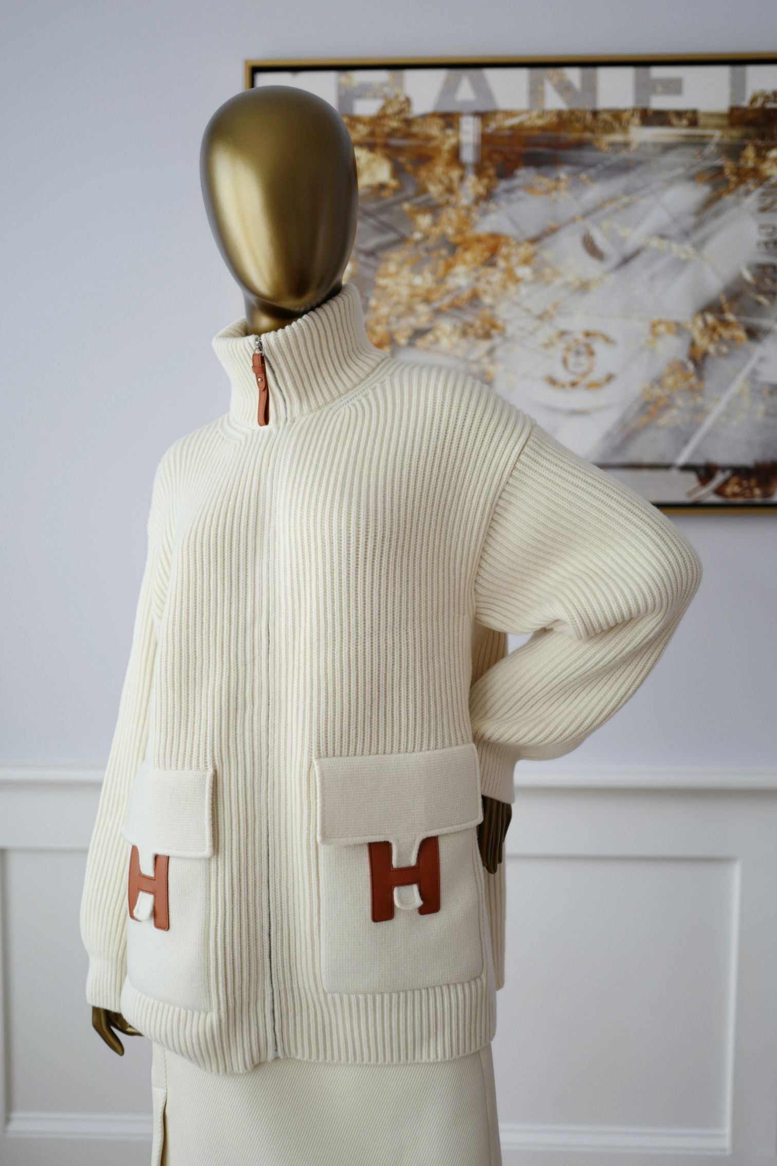 Hermès Blouson Cardigan Blanc Naturel Wool Knit Size 34