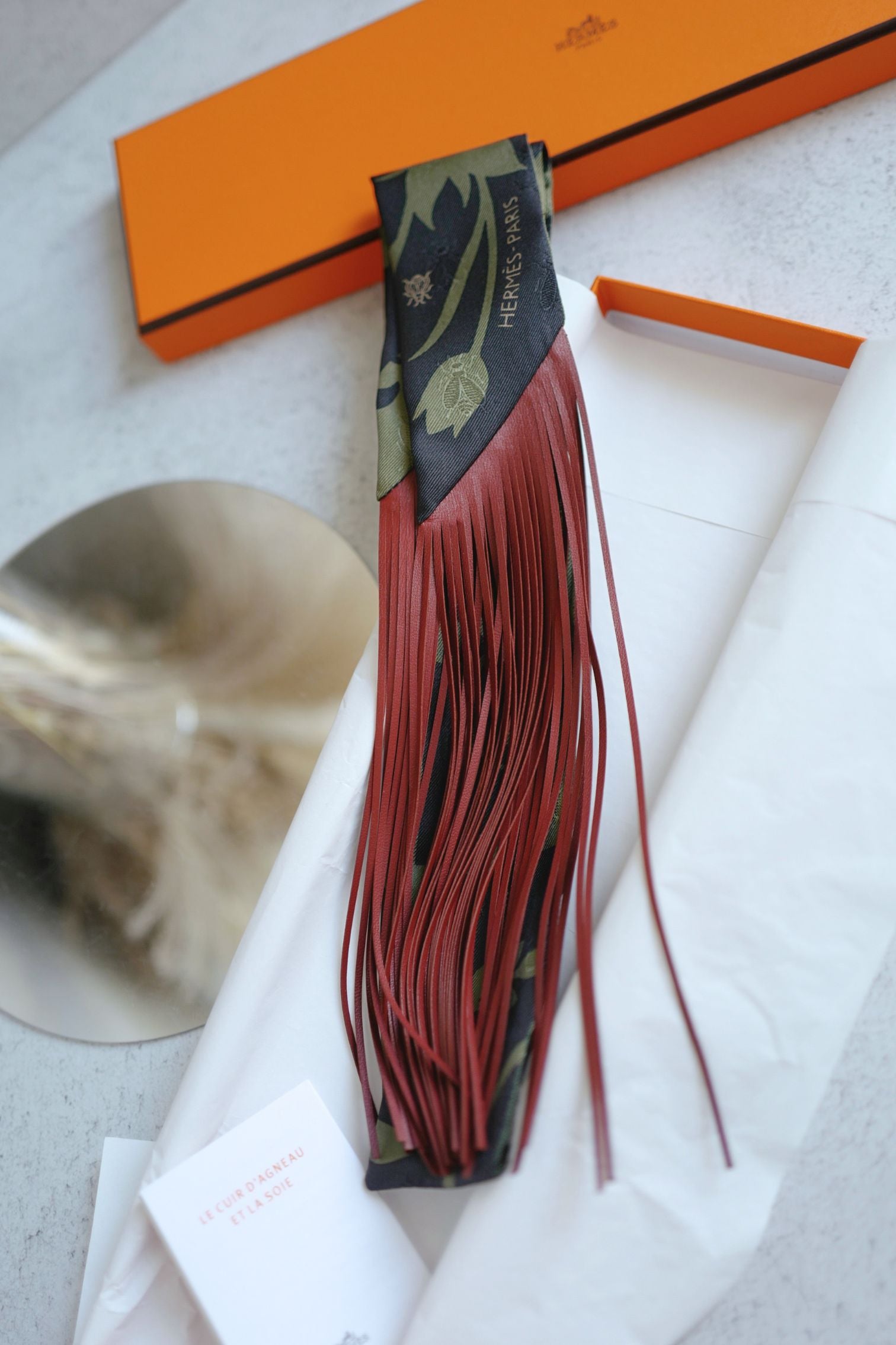 Hermès Twilly Bouquet Final Silk Noir/Vert Loden/Rouge H with Leather Fringe