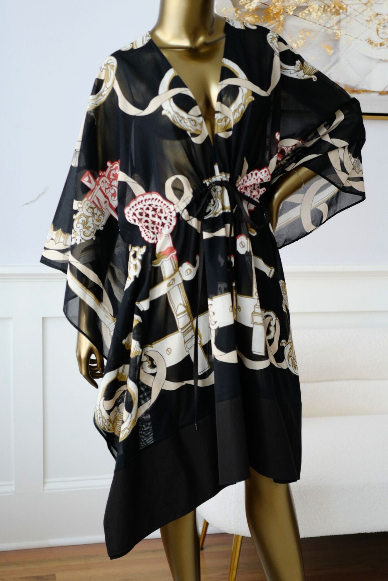 Hermès Woman Beach Caftan "Ferronnerie Remix" in Noir Cotton Voile One Size