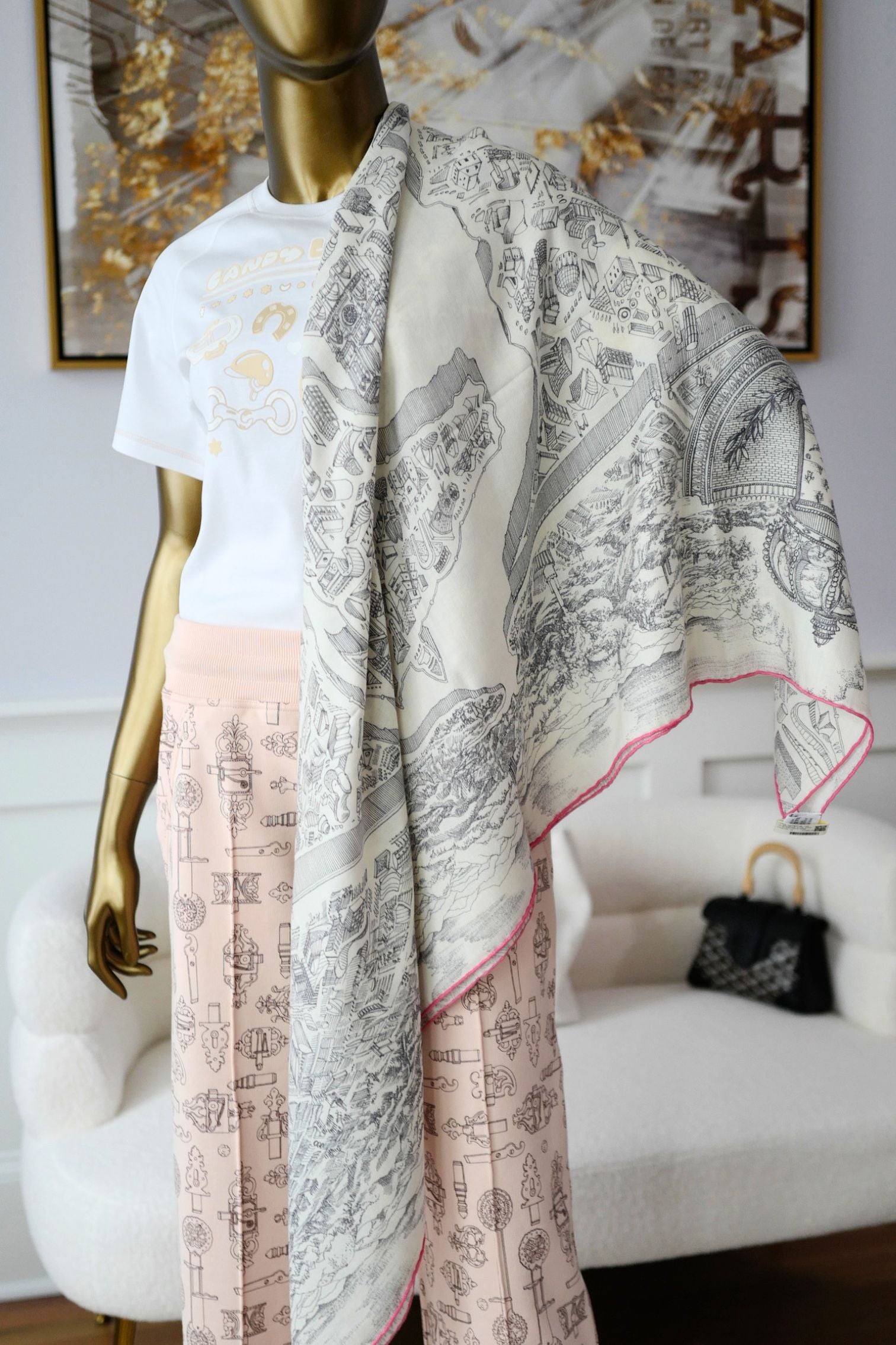 Hermès La Nouvelle Cite Cavaliere Shawl 140 Blanc/Gris/Rose Cashmere Silk