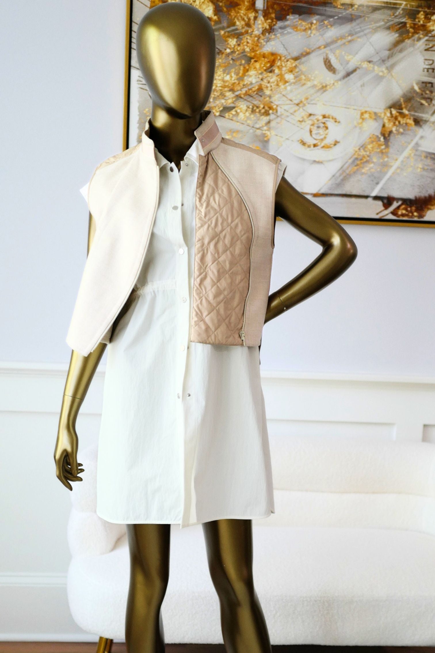 Hermès Blouson Sans Manches Mix Matière Blanc Marbre Wool Size 36