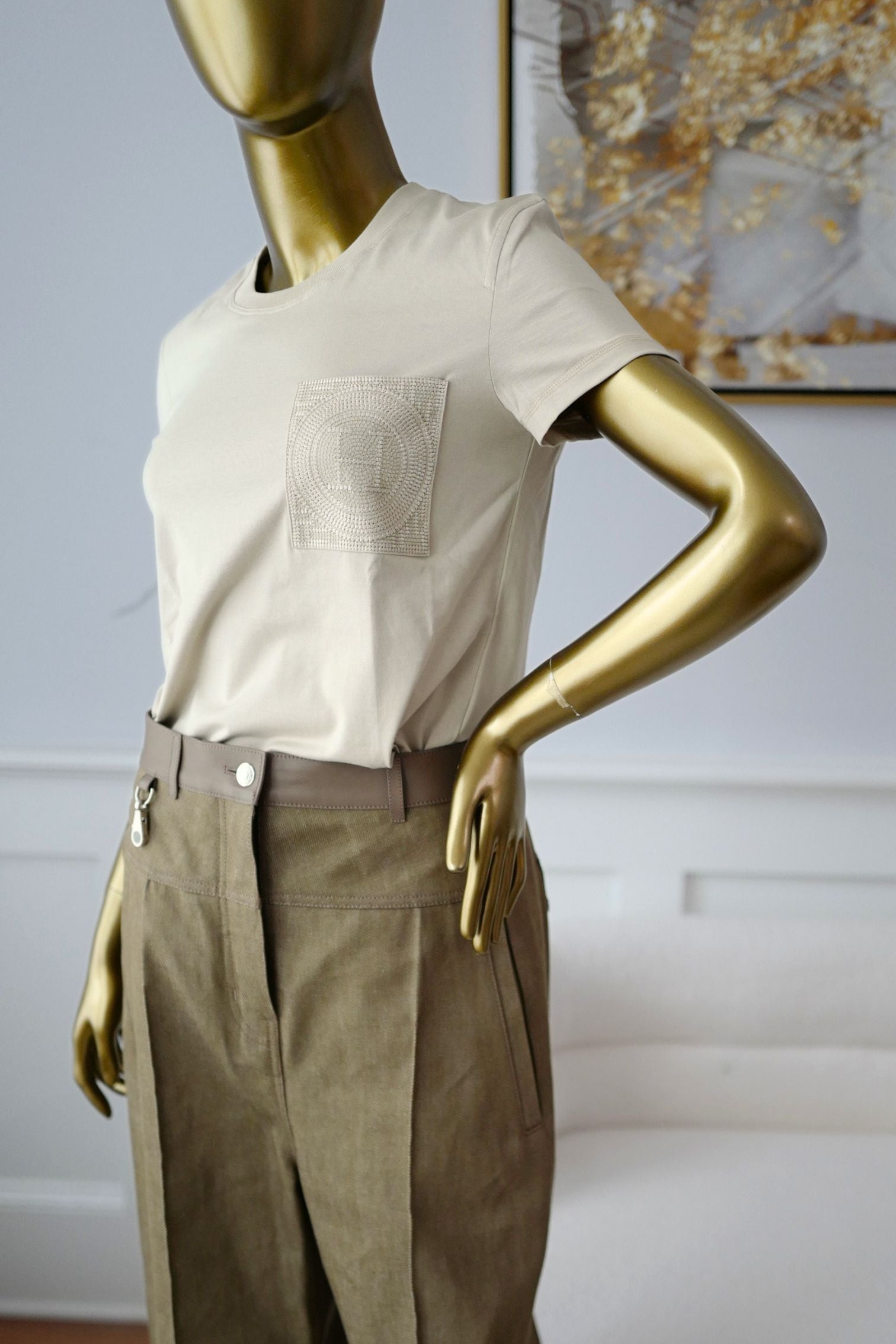 Hermès Embroidered Pocket T-shirt Beige Pierre D'Istrie Cotton Size 34