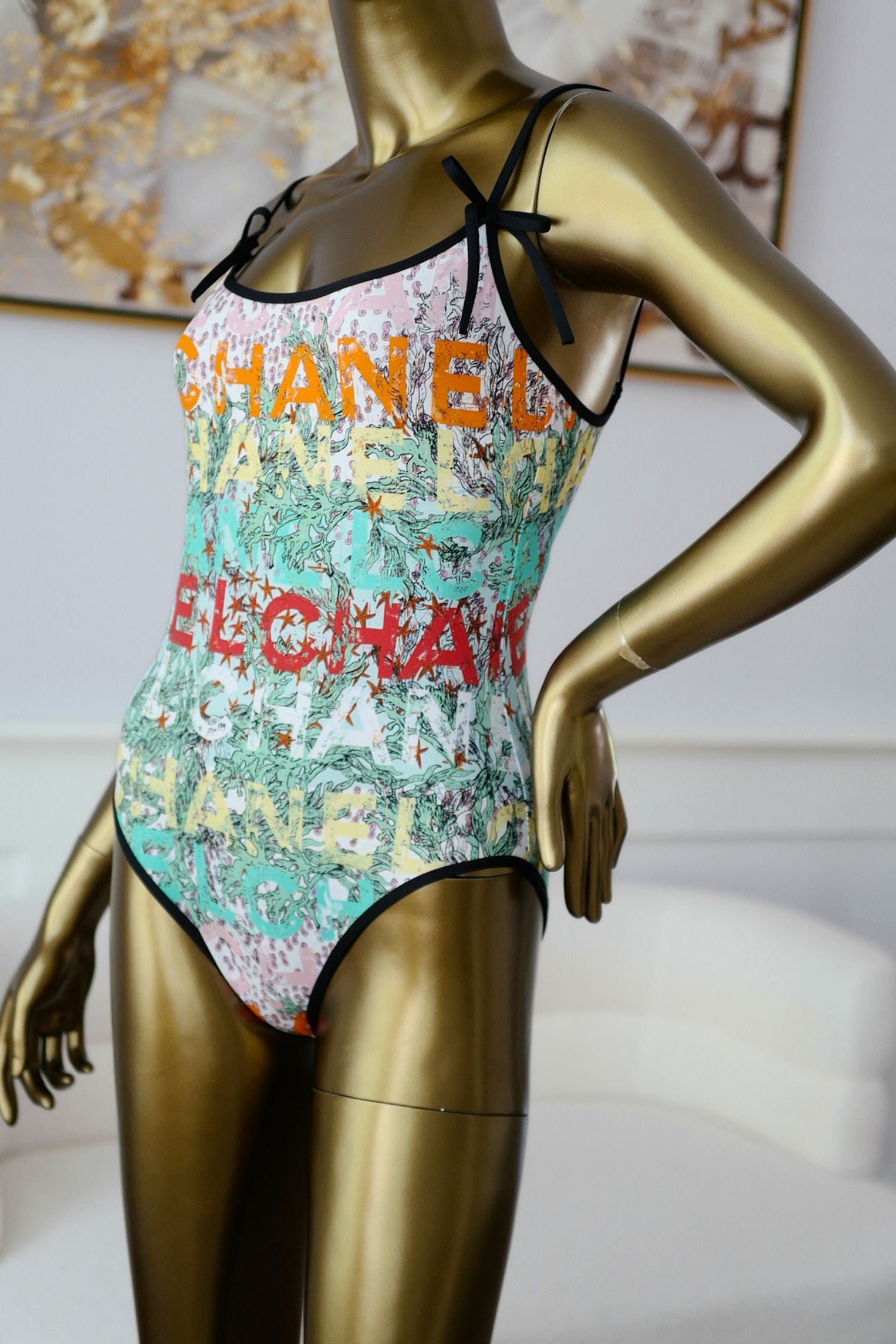 Chanel 26M Coco Beach Swimsuit Multicolor Stretch Jersey Size 38