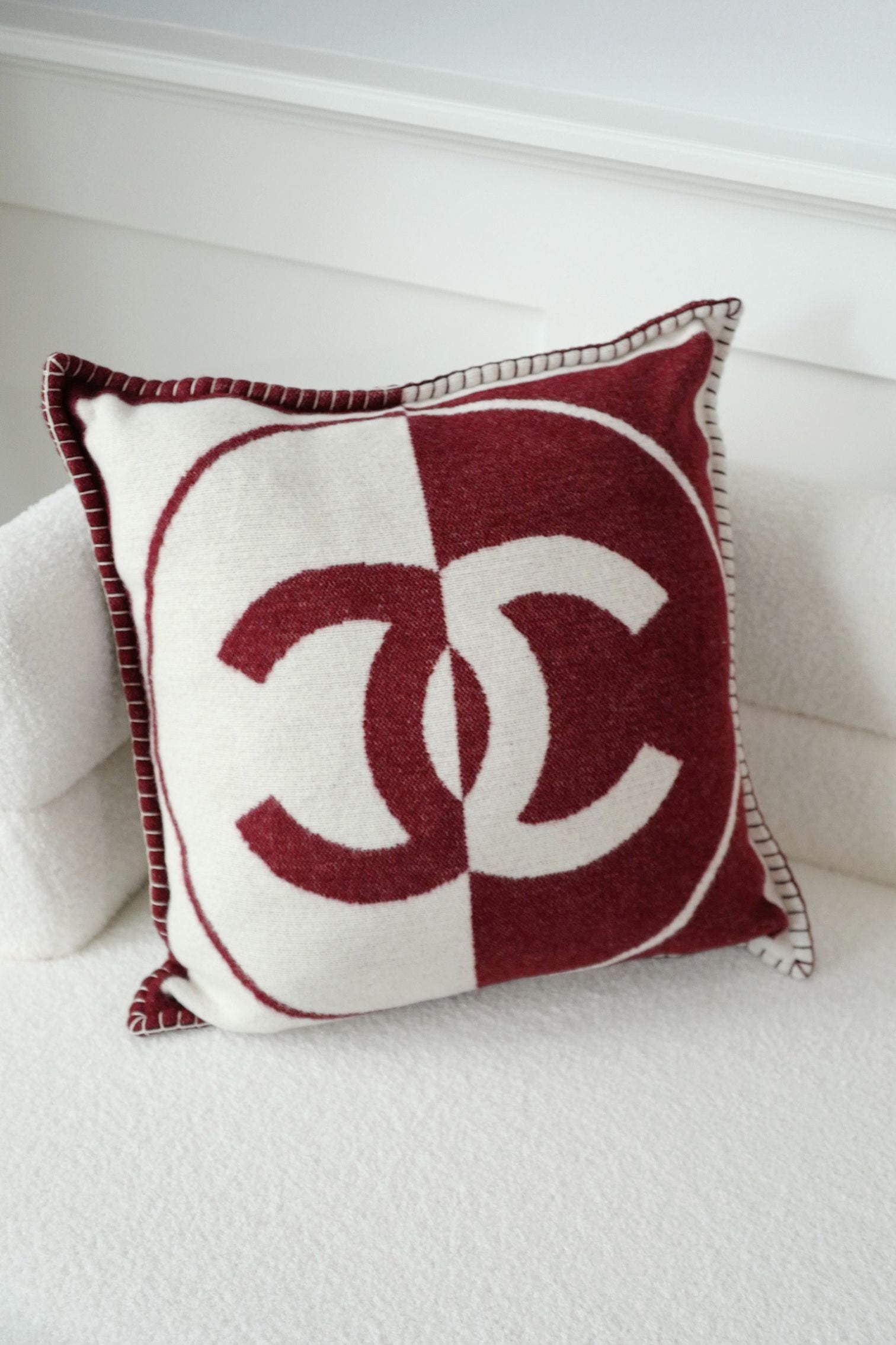 NEW Chanel CC Logo Pillow Burgundy White Wool Cashmere