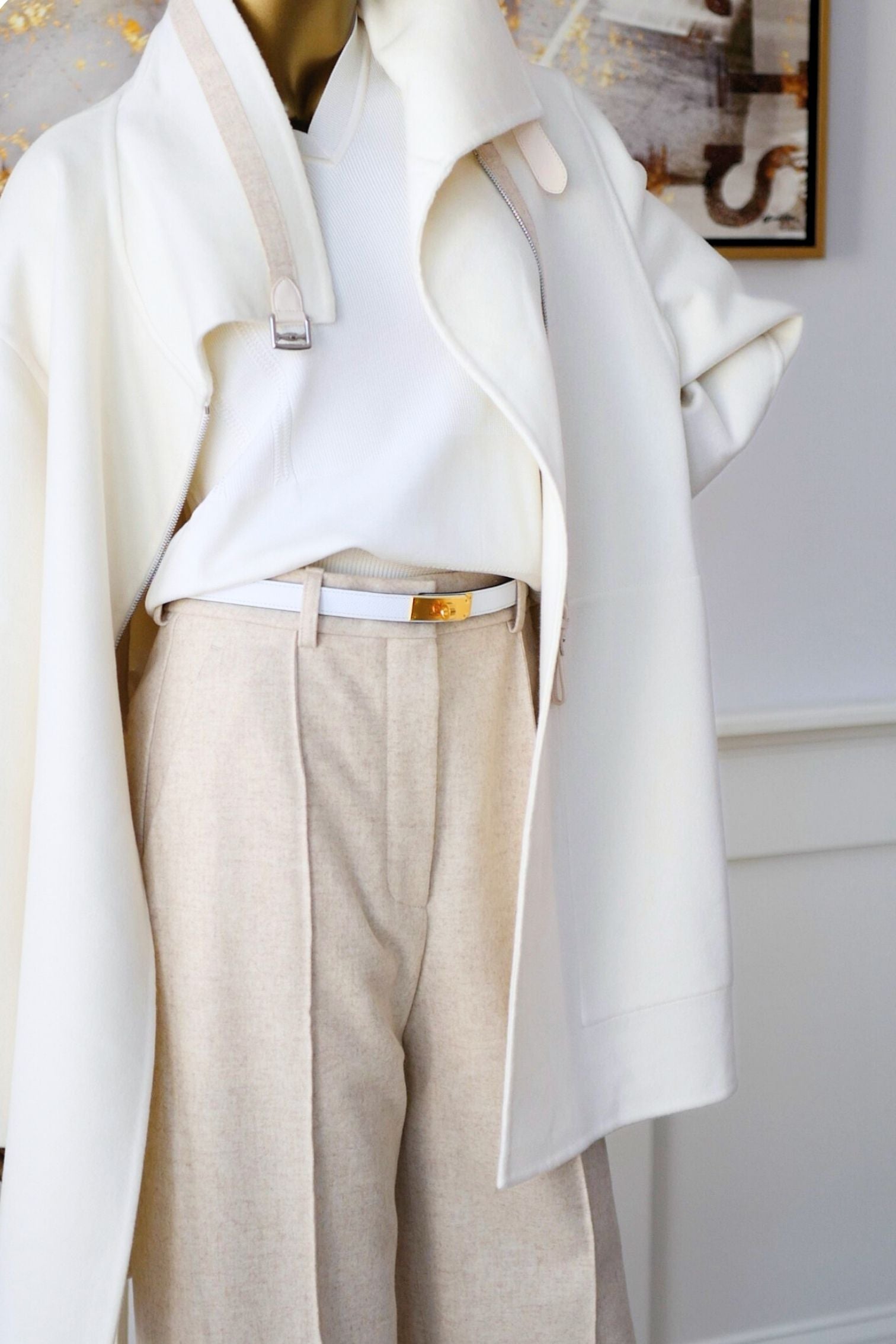Hermès Double-Face Cashmere Coat with Felt & Leather Details in Natural White Size 34