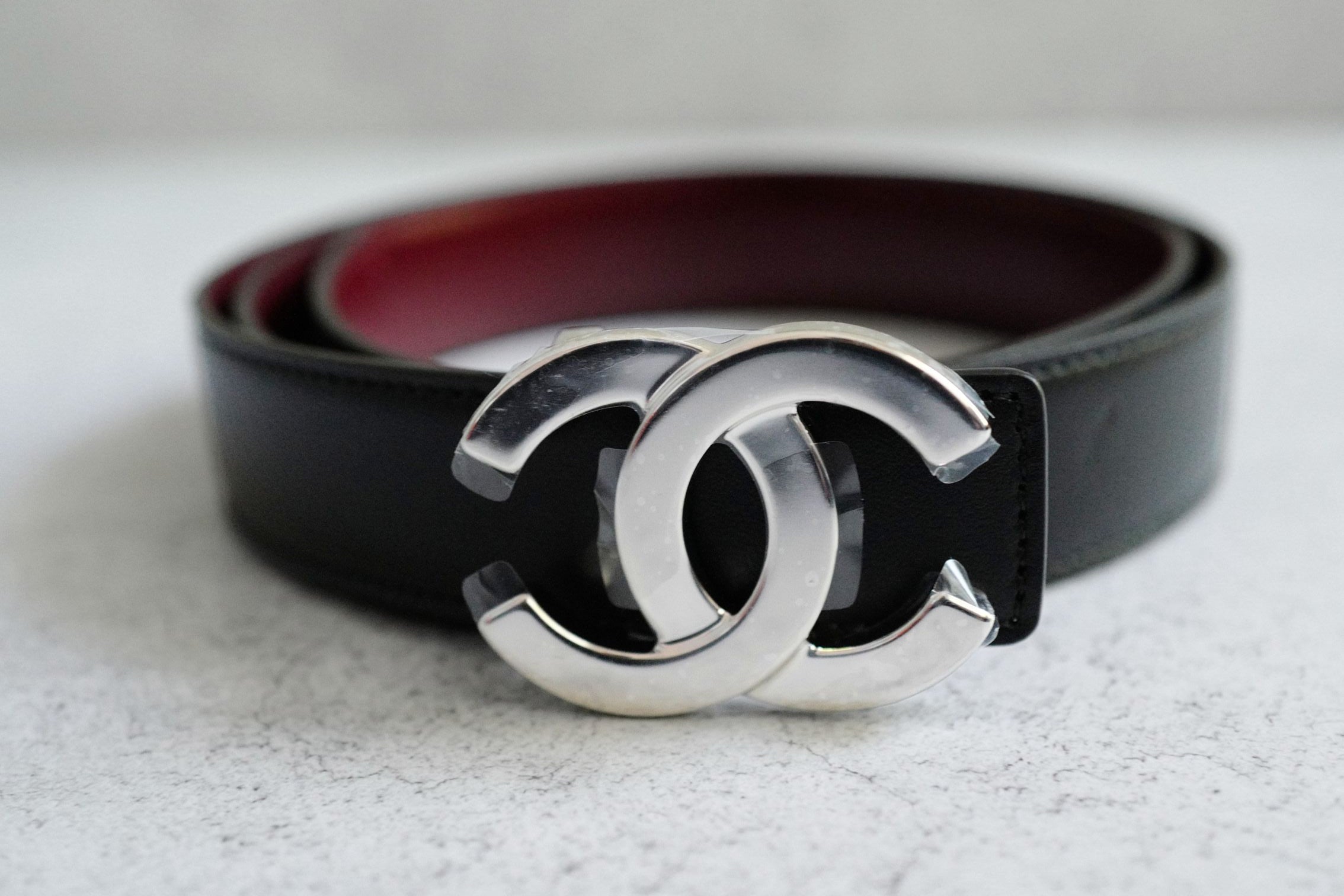 Chanel CC Reversible Belt Black Burgundy Silver Calfskin Metal Size 85