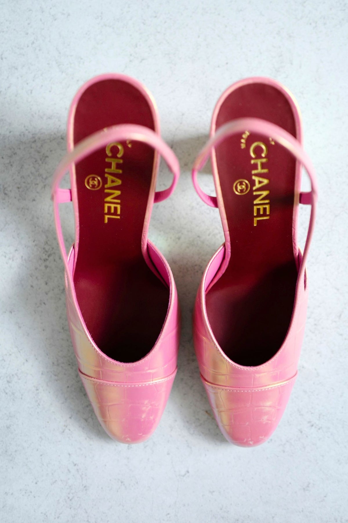 Chanel 26K Matthieu Blazy's Sling Backs Croc Embossed Calfskin Pink Size 38