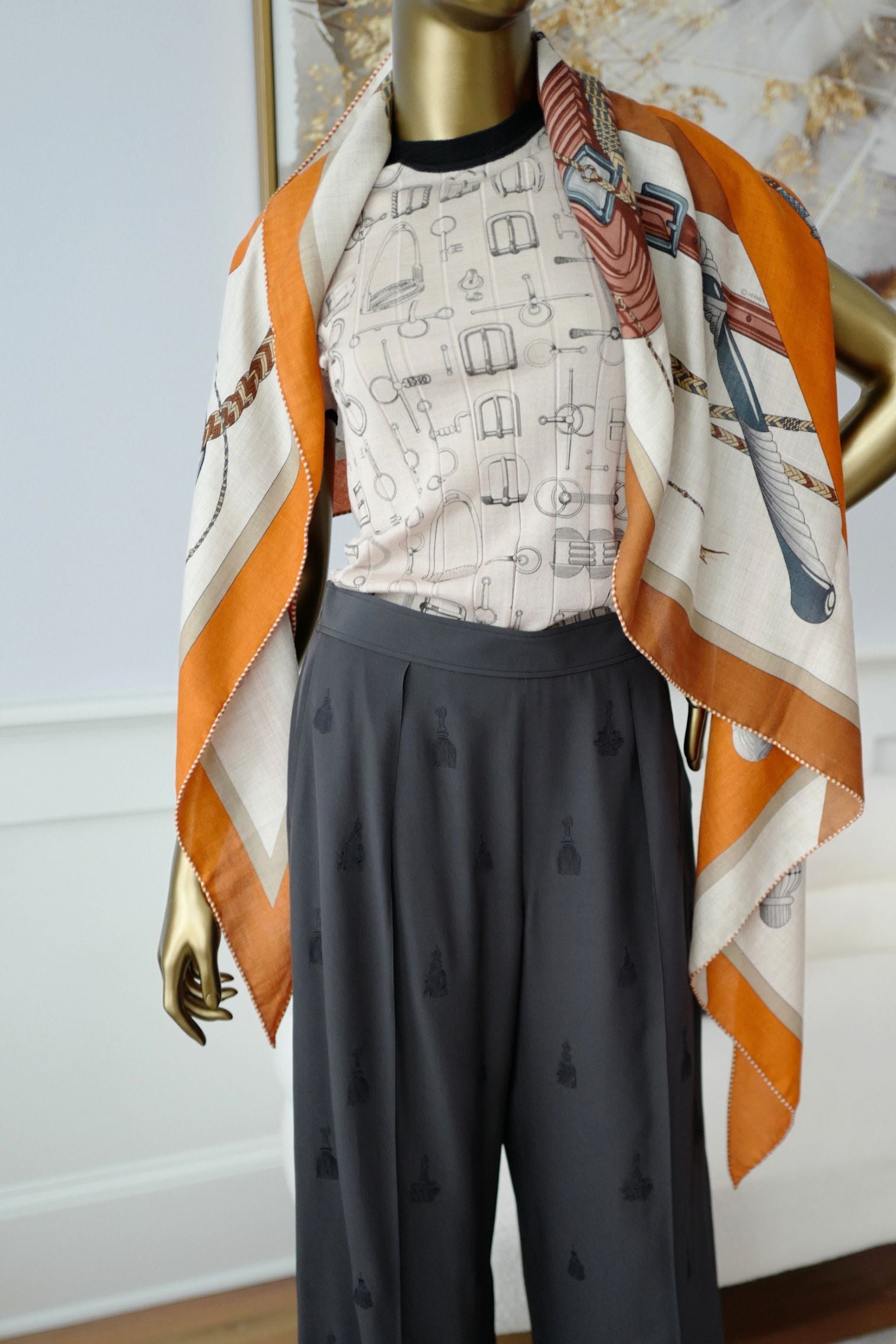 Hermès Clic-Clac Triangle Scarf Orange Cuit /Naturel/Caramel Cashmere Silk