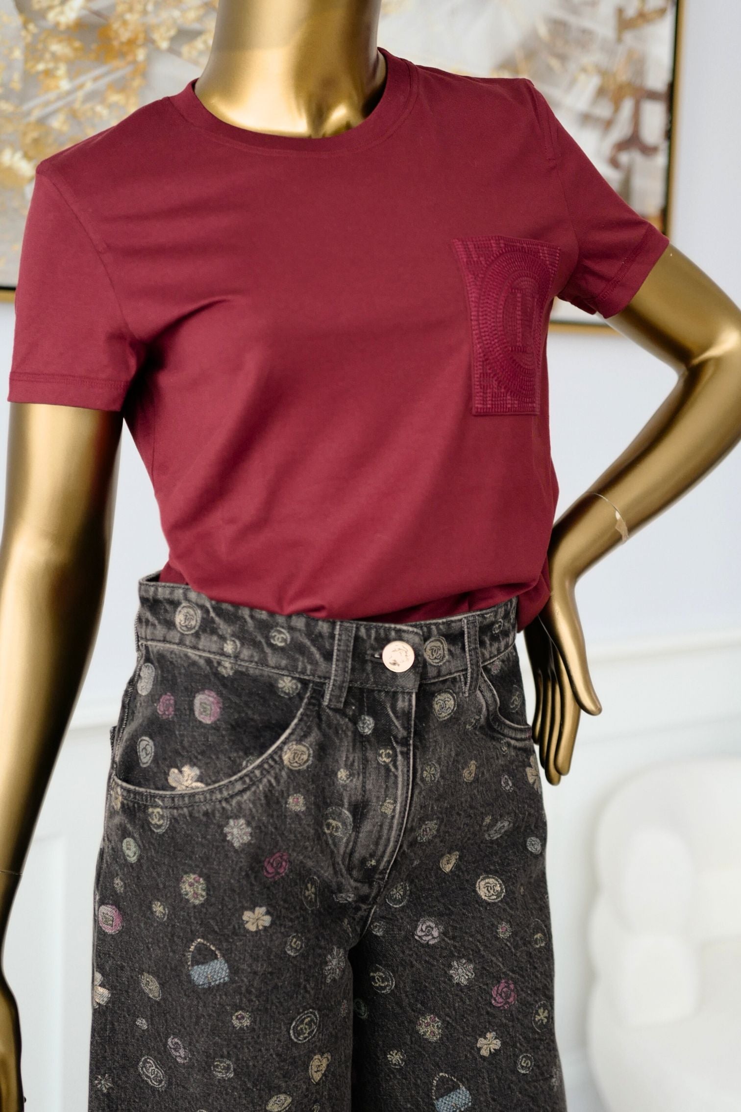 Hermès Embroidered Pocket T-Shirt Rouge Carmin Cotton Crewneck Size 36