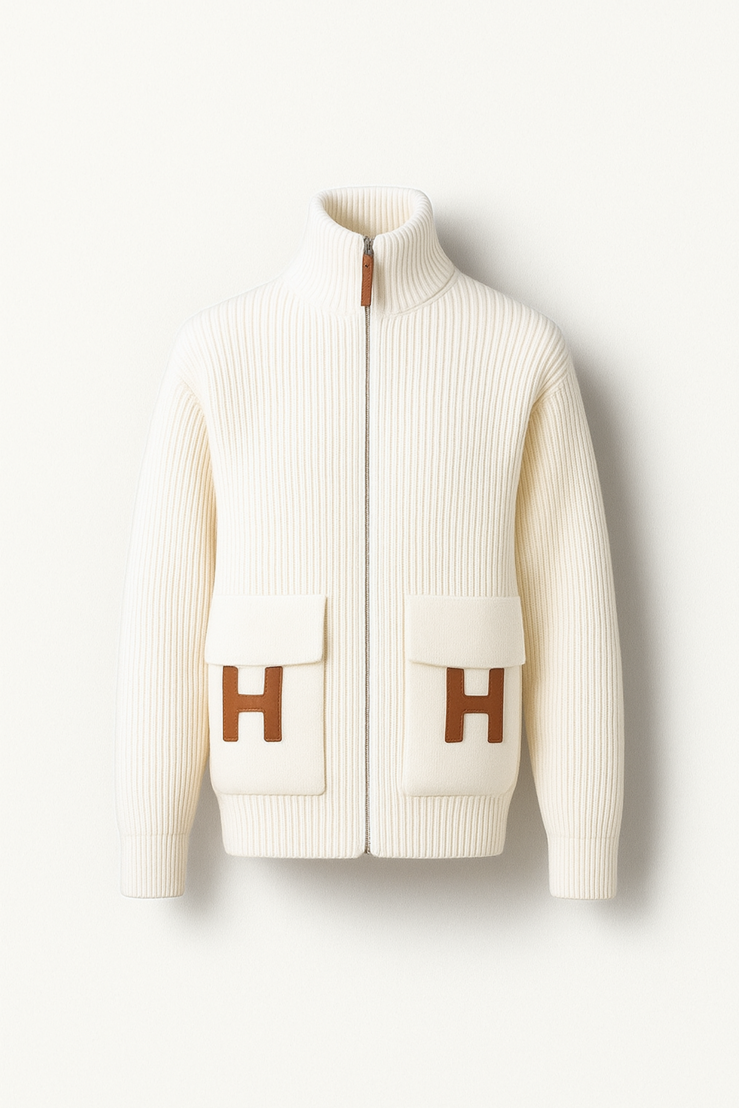 New Hermes Blouson Details Cuir cardigan Virgin Wool size 36