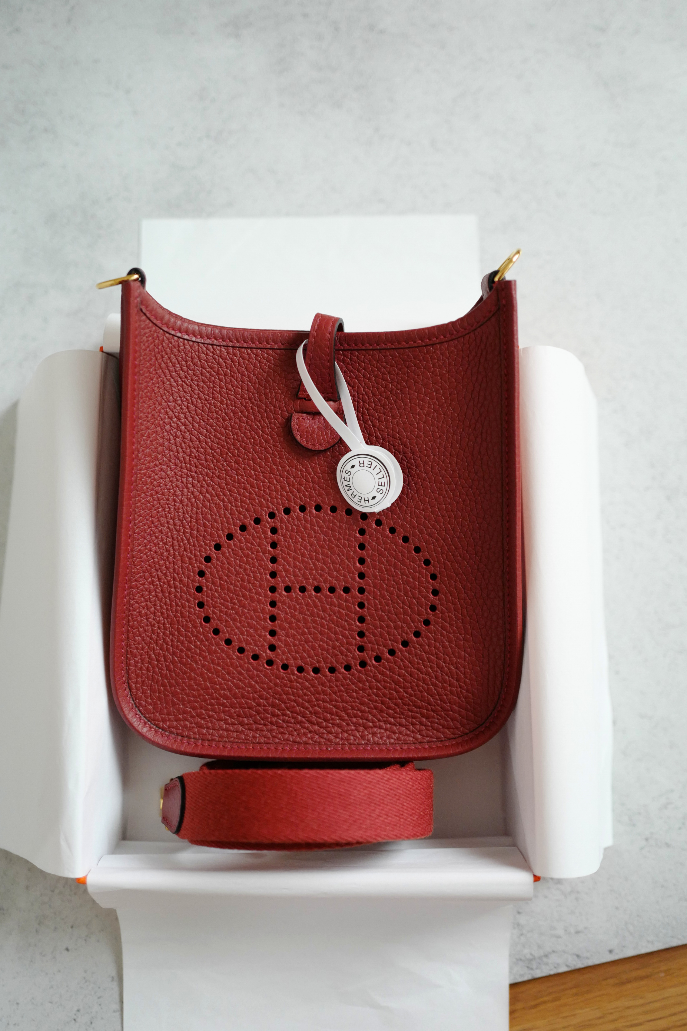 Hermès Mini Evelyne TPM Bag in Rouge H Clemence Leather with Gold Hardware