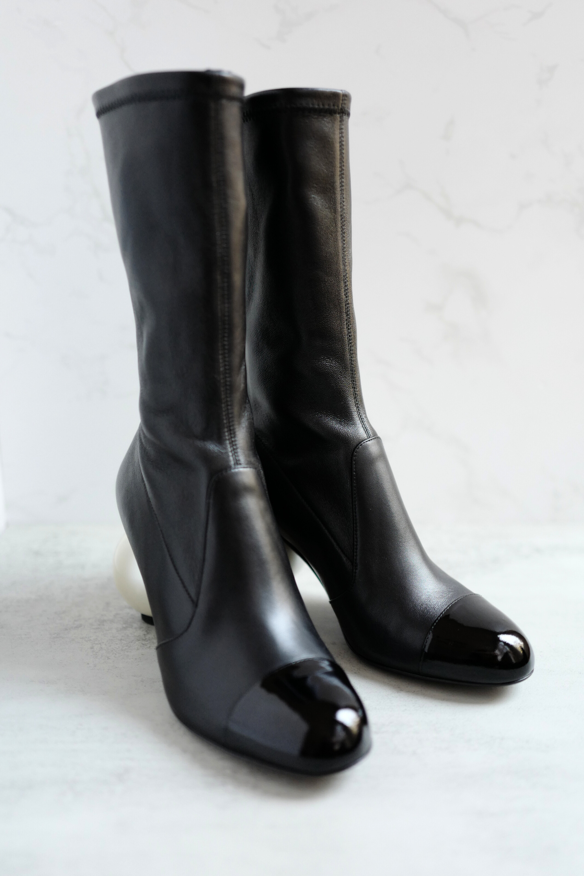 Chanel Boots Stretch Lambskin with Patent Calfskin Cap Toe Black 37.5