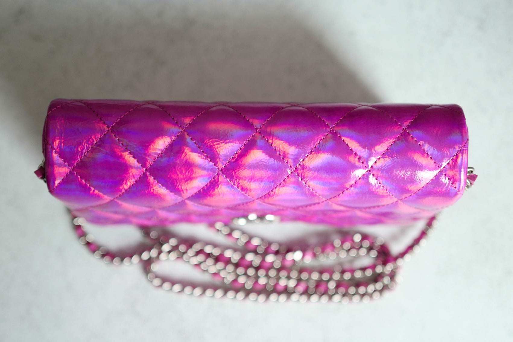 NEW Chanel Wallet on Chain Iridescent Mirror Goatskin Silver Fuchsia Cruise 24C