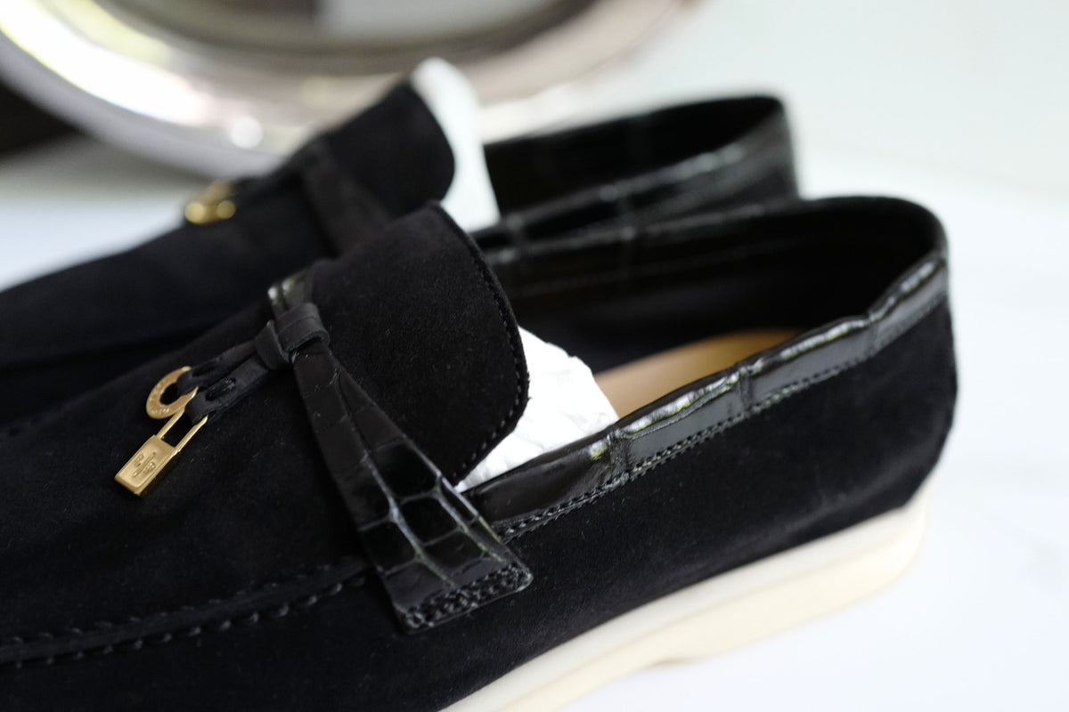 BNIB Loro Piana Summer Charms Walk Loafers In Black Suede Alligator strap Size 37