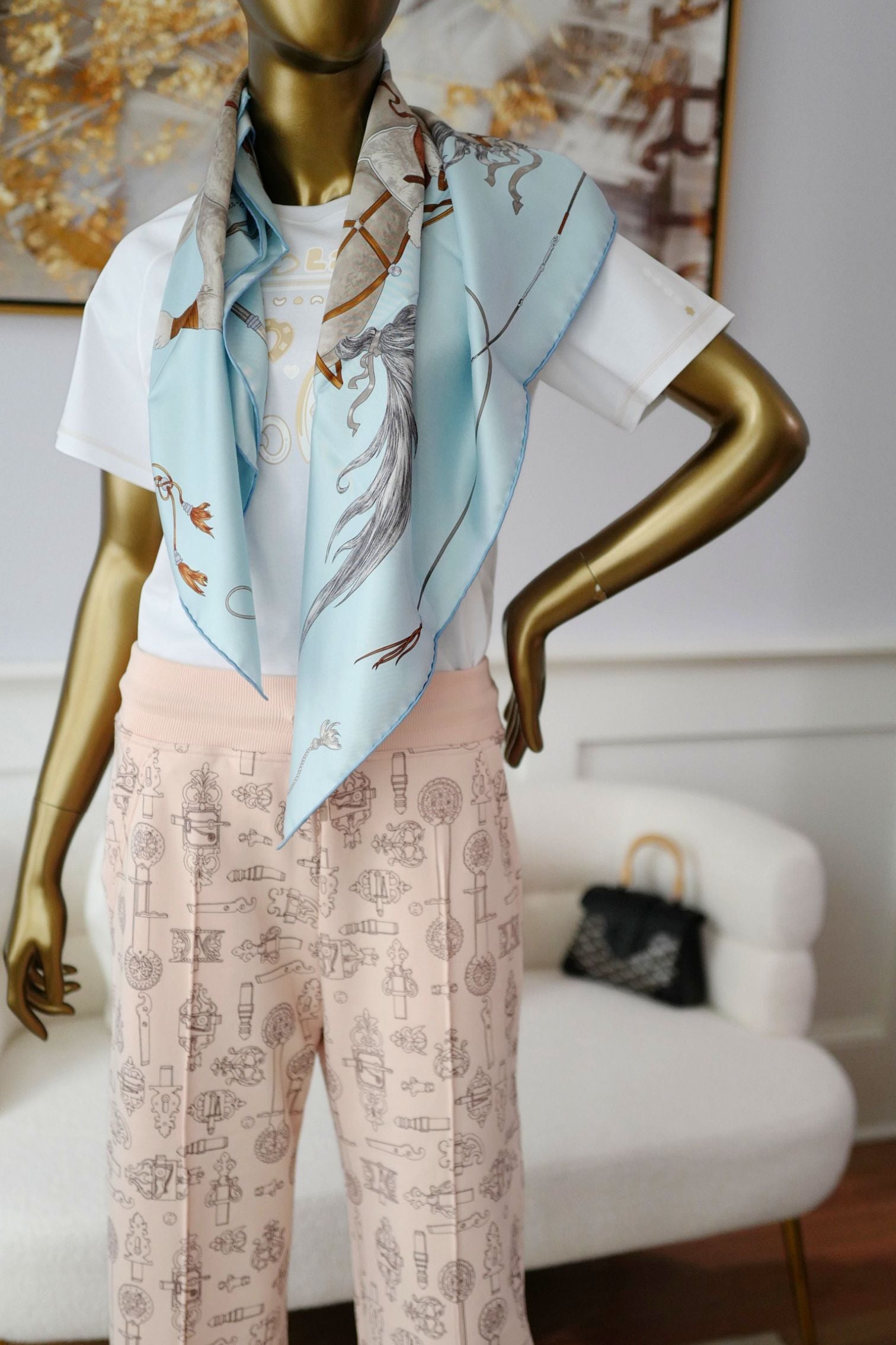 Hermès Grand Galop Scarf 90 Bleu Ciel / Gris / Cuir 100% Silk