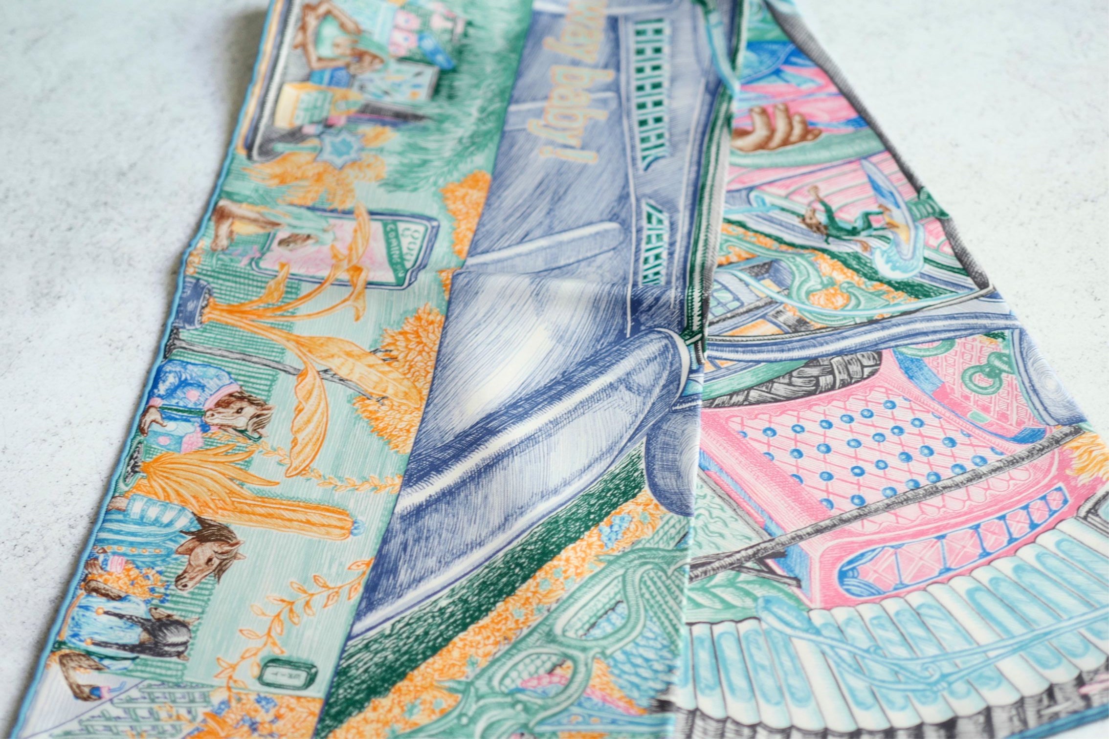 Hermès City of Light Scarf Bleu Jean/Rose/ Vert Véronèse 100% Silk 90
