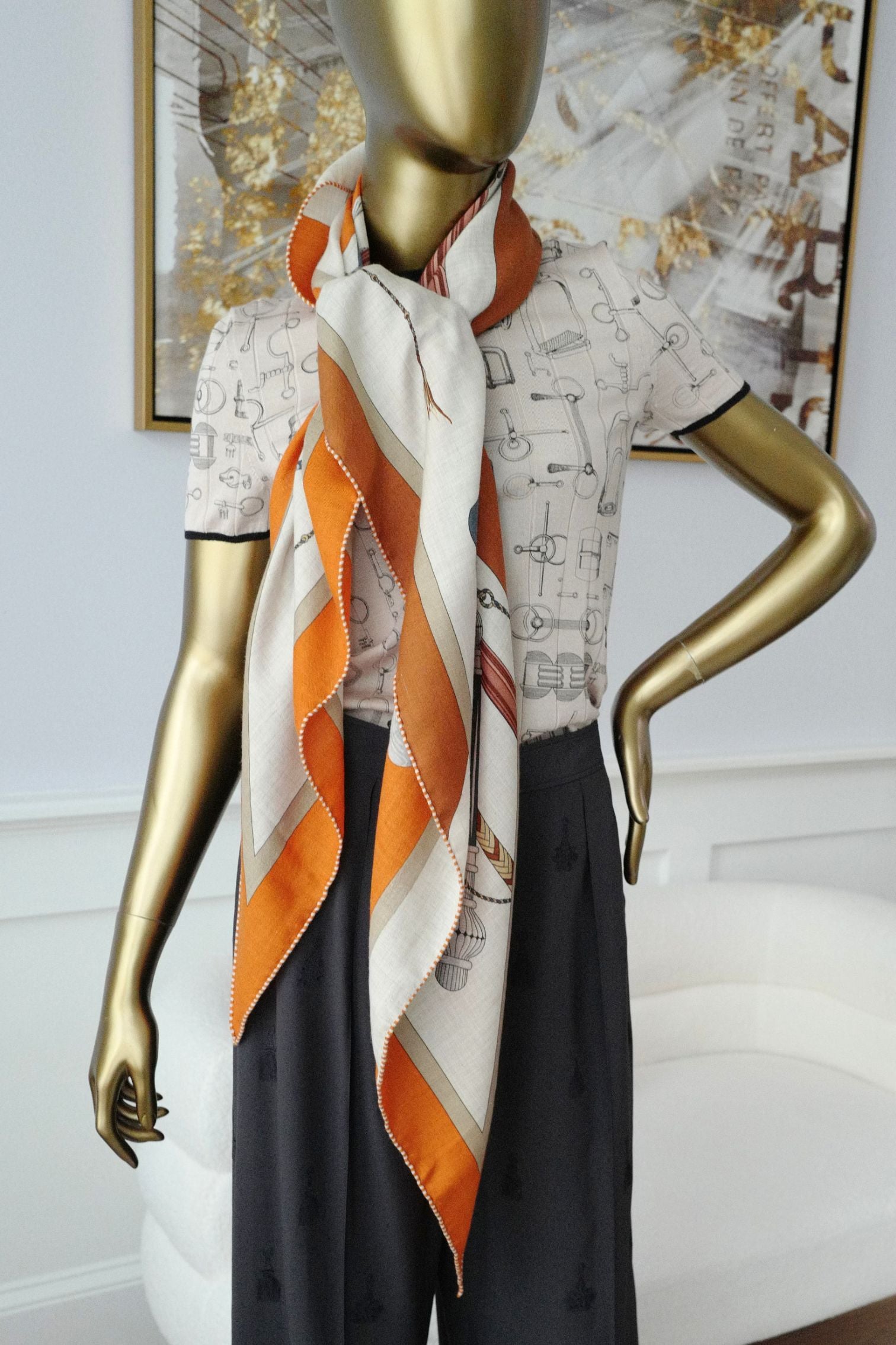 Hermès Clic-Clac Triangle Scarf Orange Cuit /Naturel/Caramel Cashmere Silk