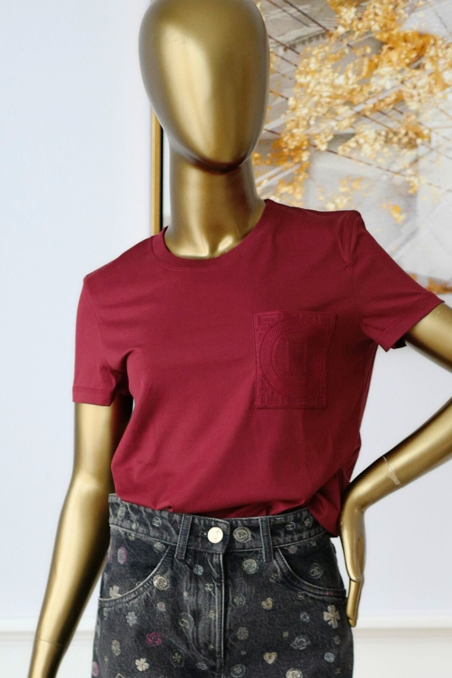 Hermès Embroidered Pocket T-Shirt Rouge Carmin Cotton Crewneck Size 36