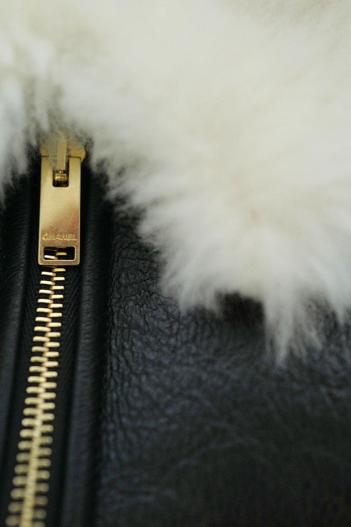 Chanel 26B Blouson Jacket Black White Shearling Lambskin Size 36