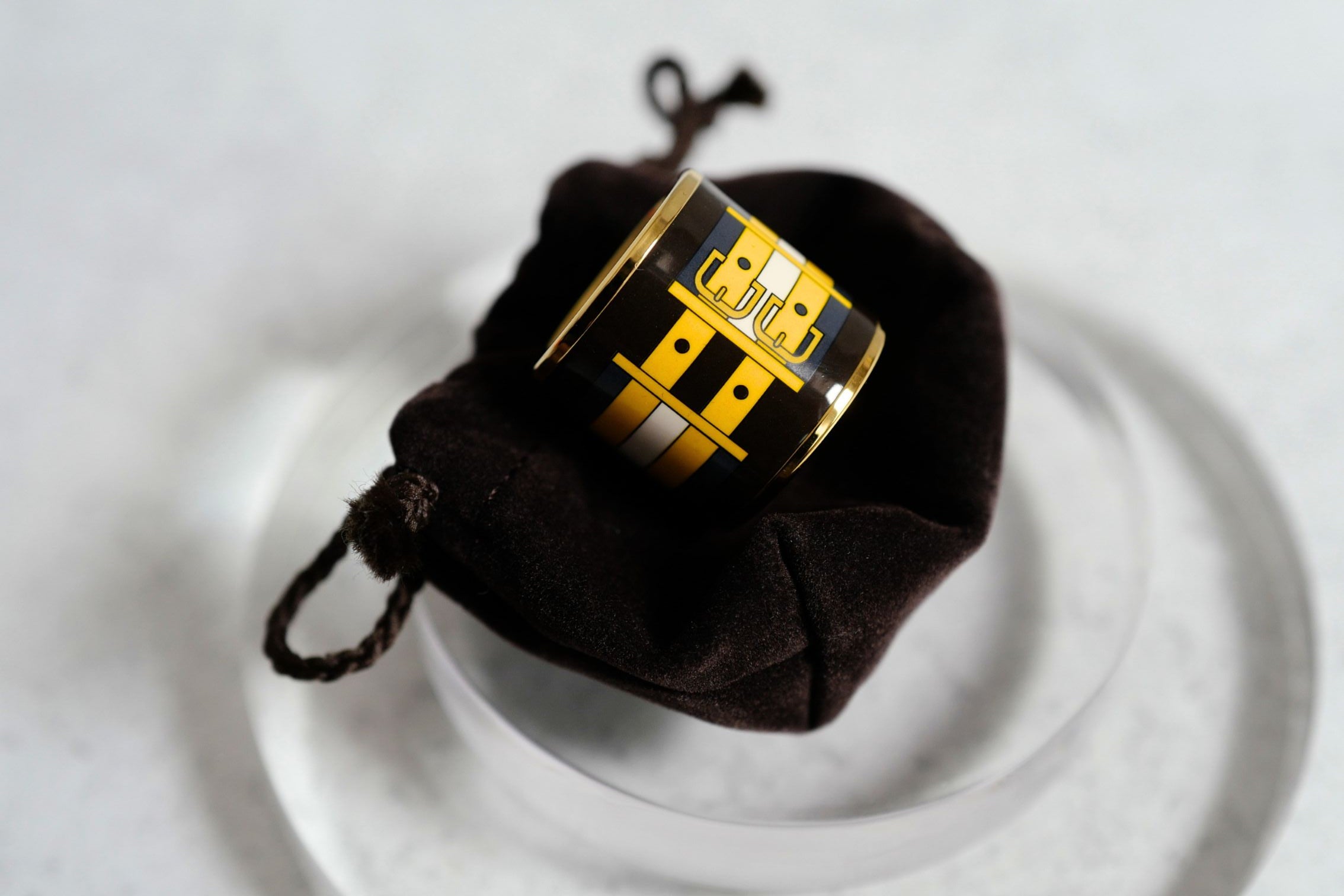 Hermès Rocabar Enamel Scarf Ring Black/Yellow/Blue Striped