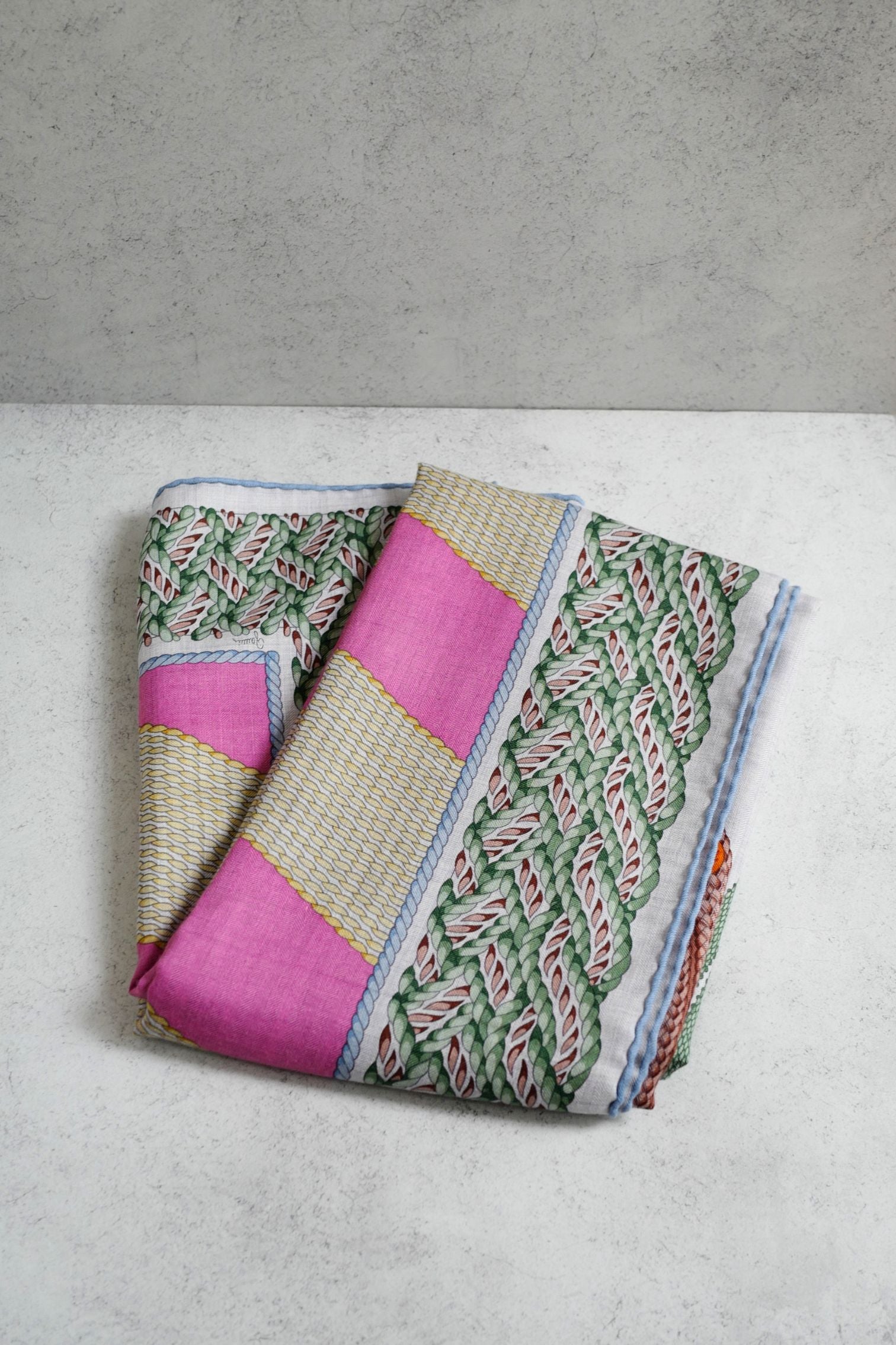 Hermès Dressage Tressage Shawl 140 Bleu Ciel/Rose Rouge Cashmere Silk