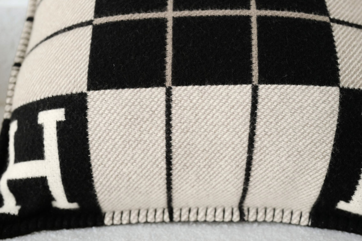 New Hermes Avalon III Jacquard Cushion Petit Modele Wool Cashmere Ecru Noir
