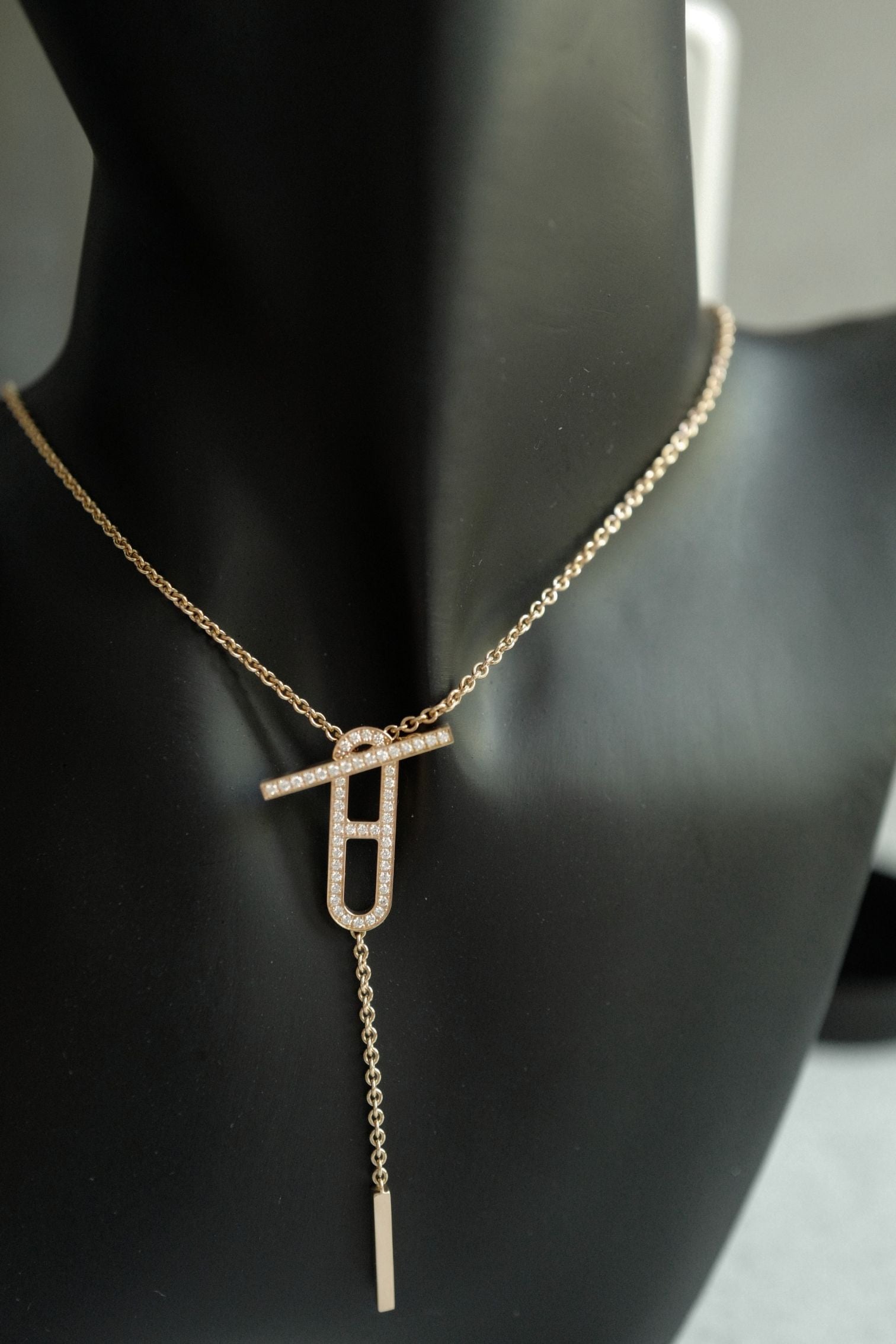 NEW Hermes Ever Chaine d'ancre Lariat Necklace Rose Gold 54 Diamonds
