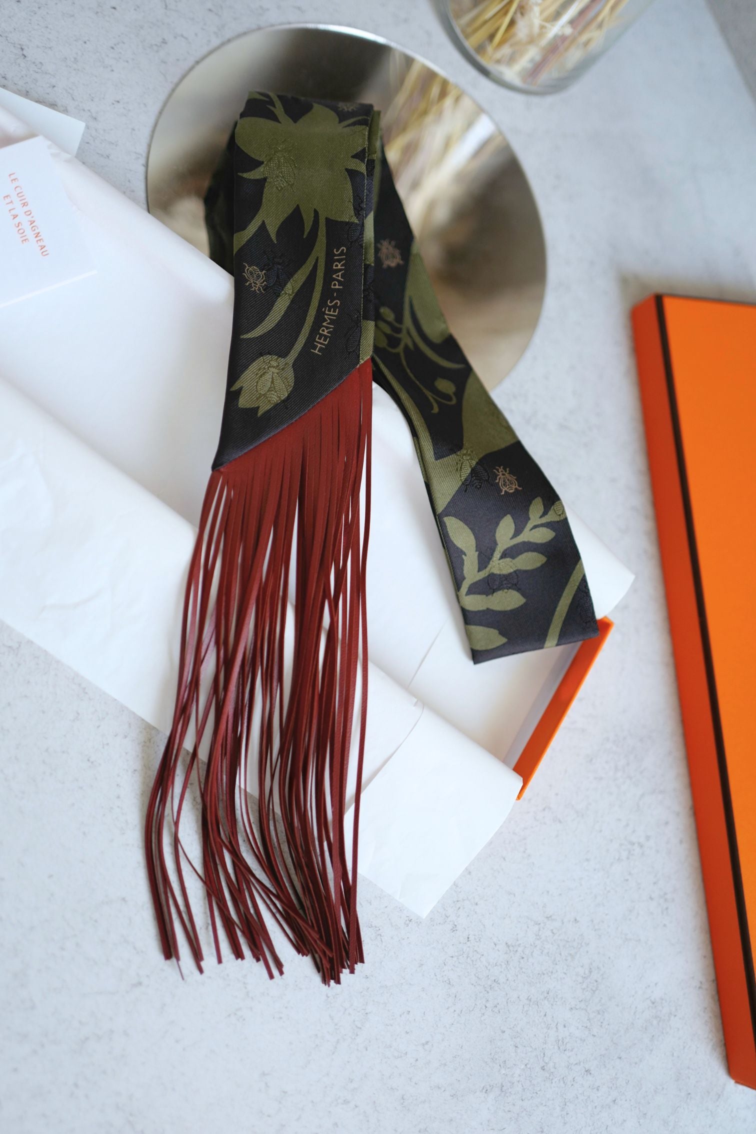 Hermès Twilly Bouquet Final Silk Noir/Vert Loden/Rouge H with Leather Fringe